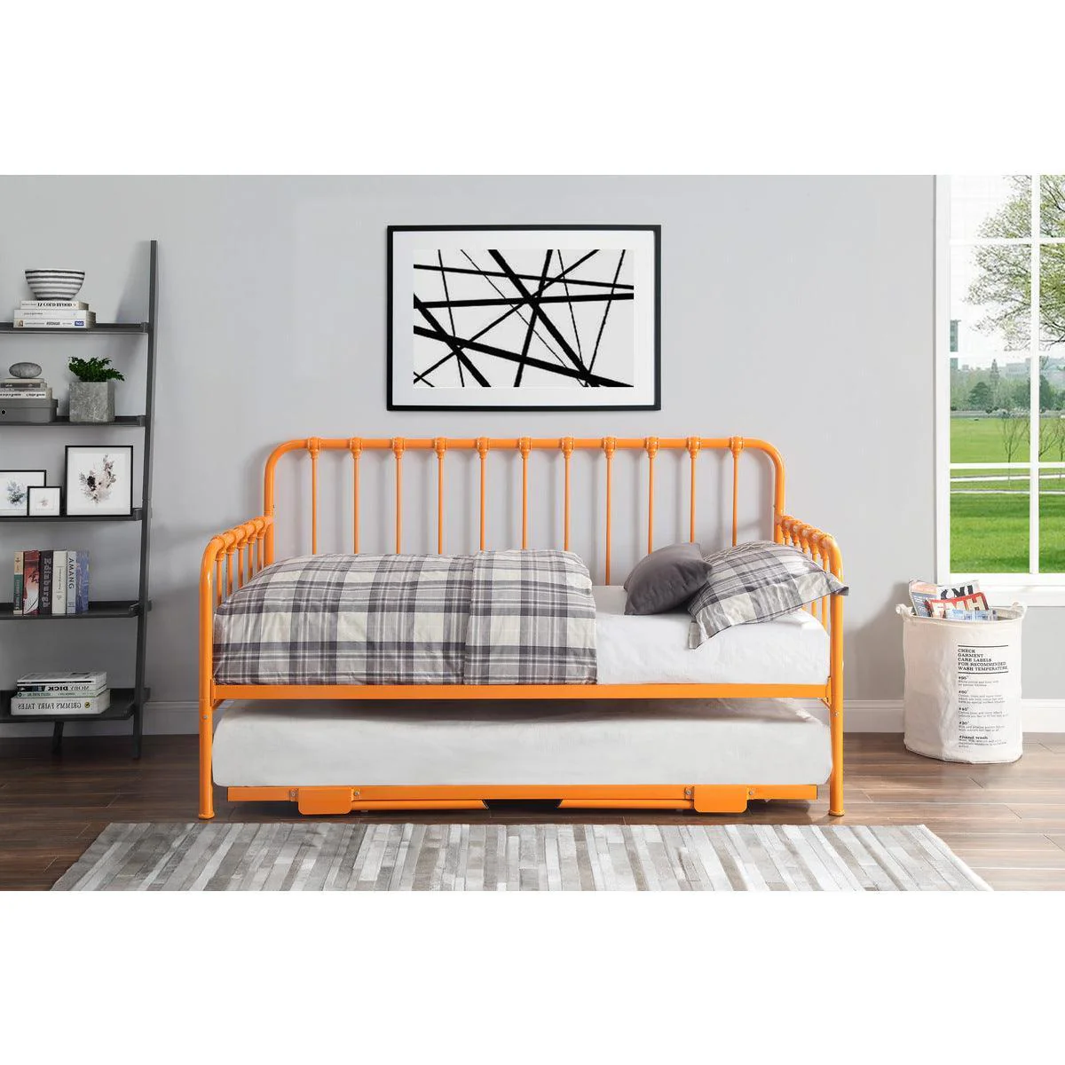 Constance Orange Daybed With Lift up Trundle With Folding Legs Casters - Image 2