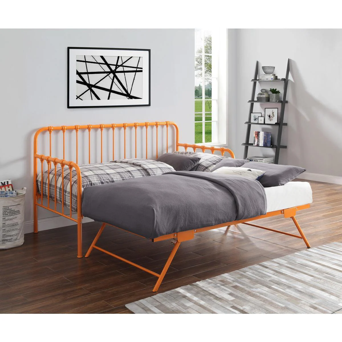 Constance Orange Daybed With Lift up Trundle With Folding Legs Casters - Image 1