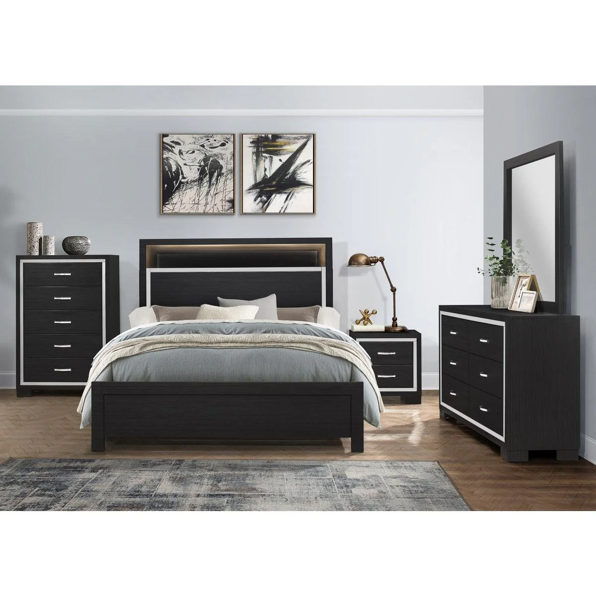 Bellante Black Bookcase Storage LED Bedroom Set - Image 1