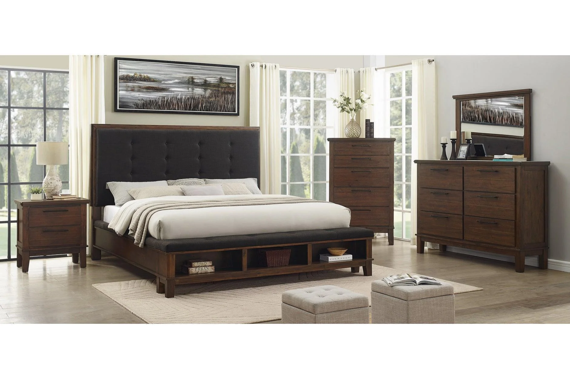 Blanko Brown Fabric Tufted Shelves Bedroom Set - Image 1