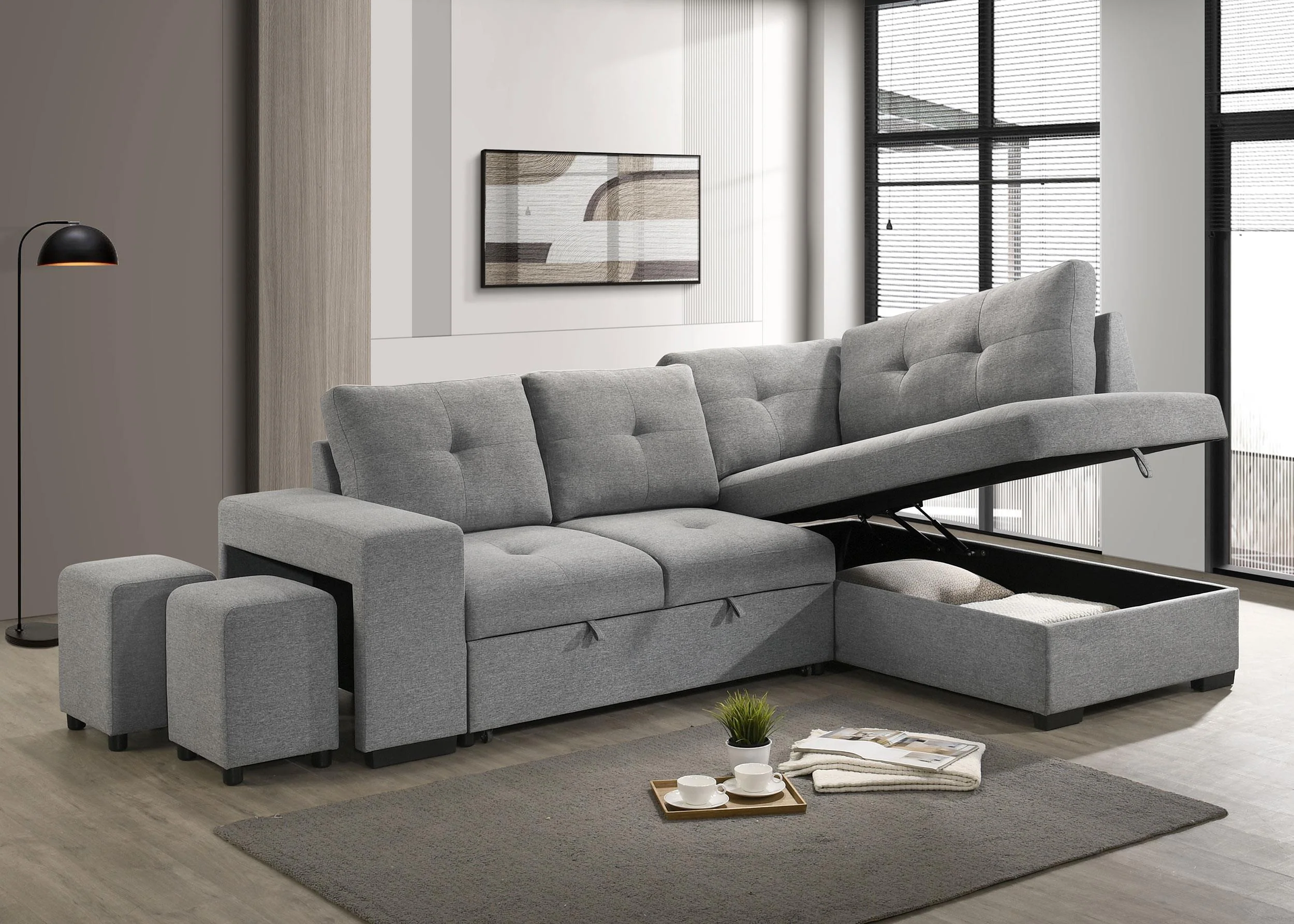 Roanne Fabric Upholstered Sleeper Sectional Sofa Grey - Image 3