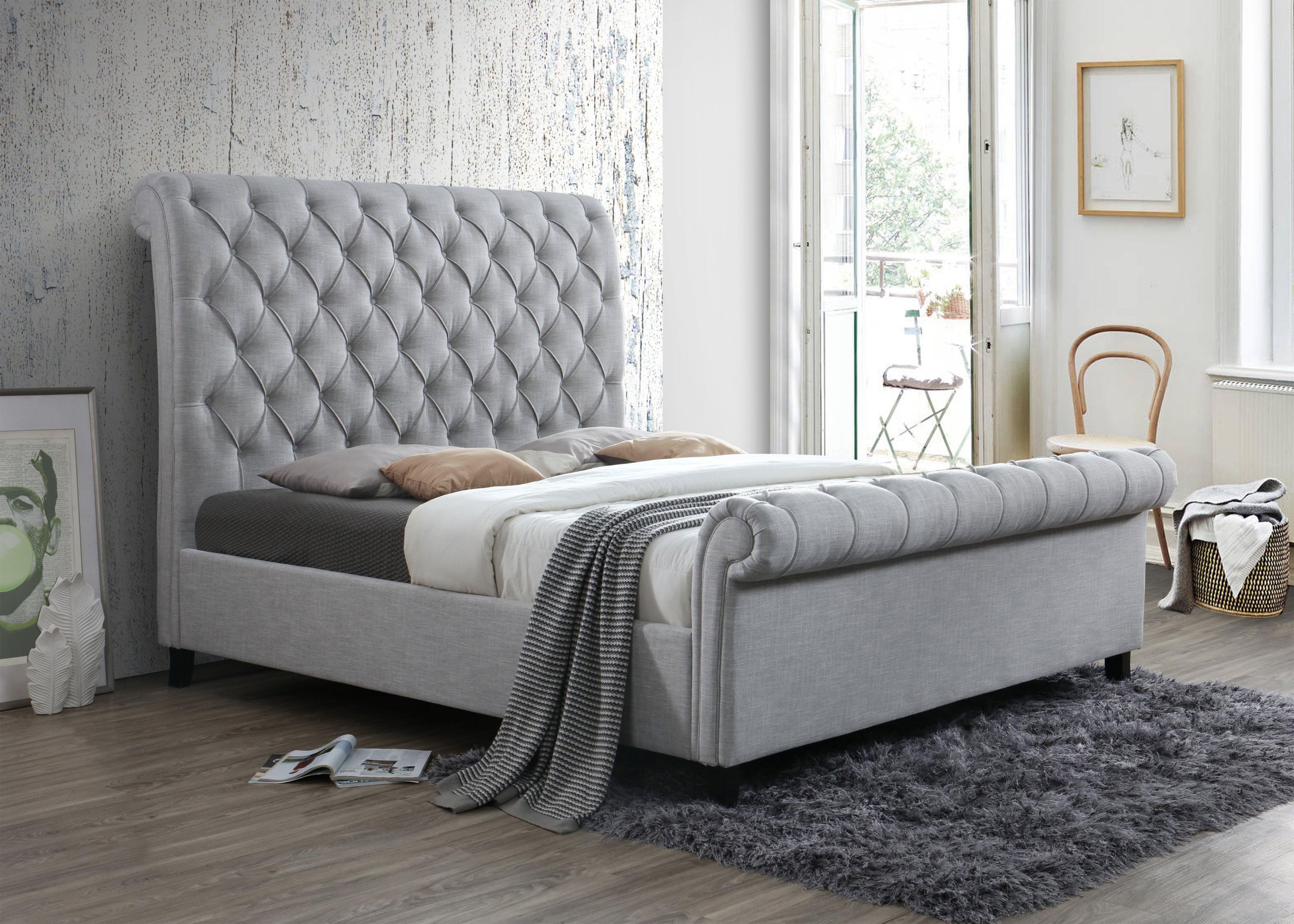 Kate Gray Fabric Upholstered Tufted Sleigh Platform King Bed - Image 2