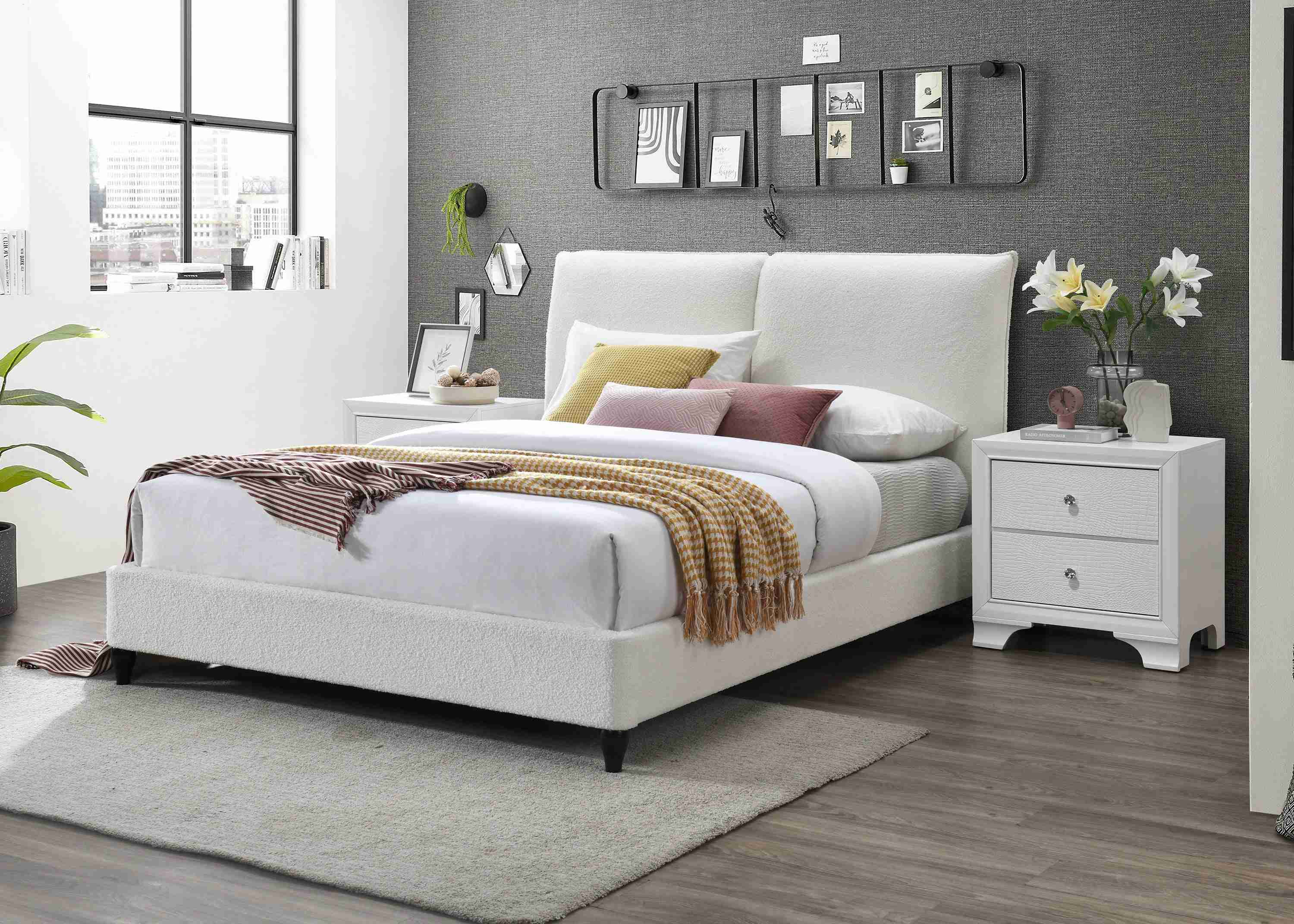 Jenn White Fabric Upholstered Platform Queen Bed - Image 2