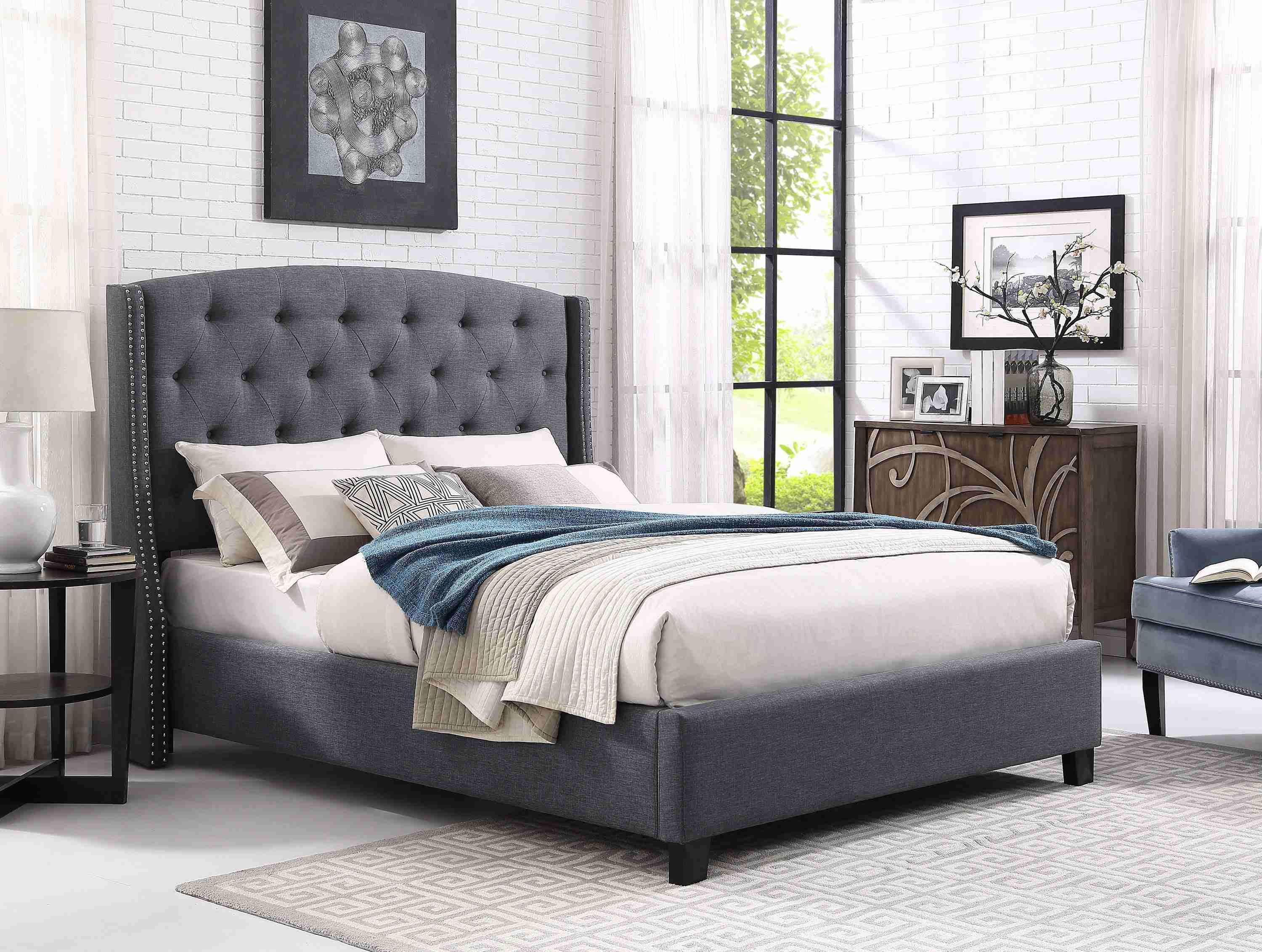 Eva Gray Velvet Upholstered Tufted King Bed - Image 2