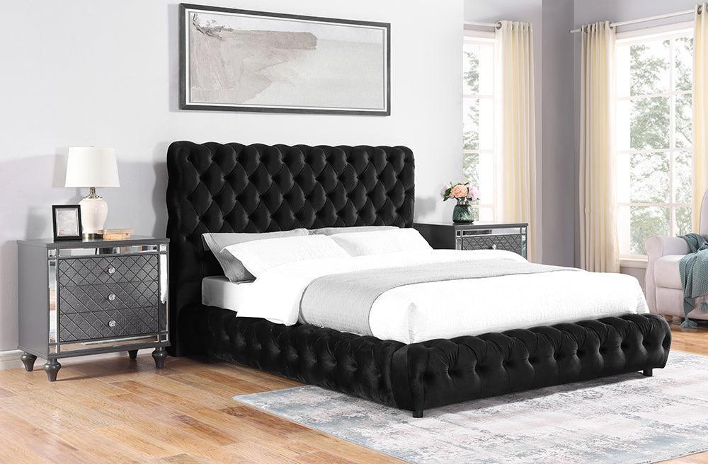 Flory Black Upholstered Velvet Tufted Platform King Bed - Image 3