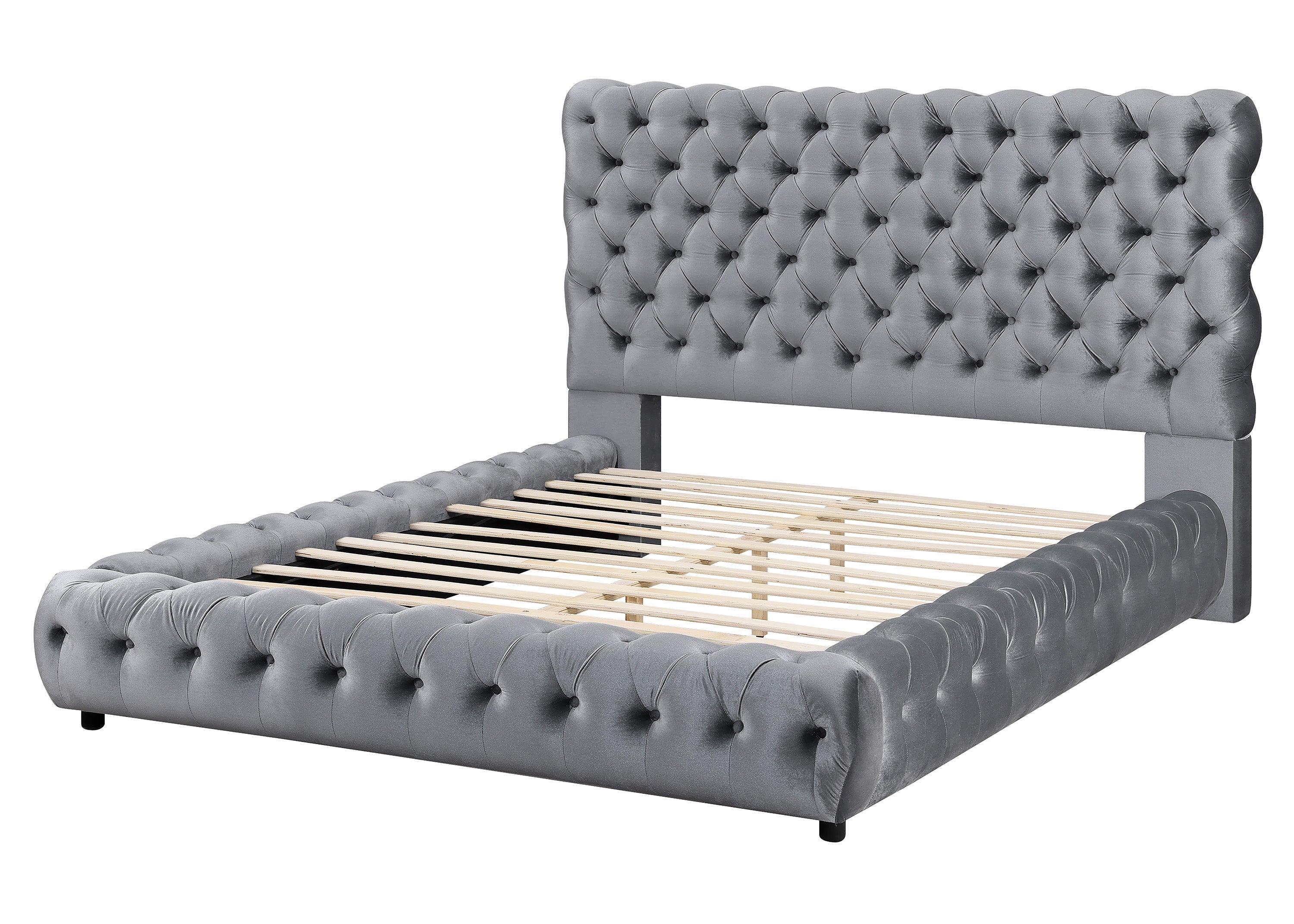 Flory Gray Upholstered Velvet Tufted Platform King Bed - Image 2