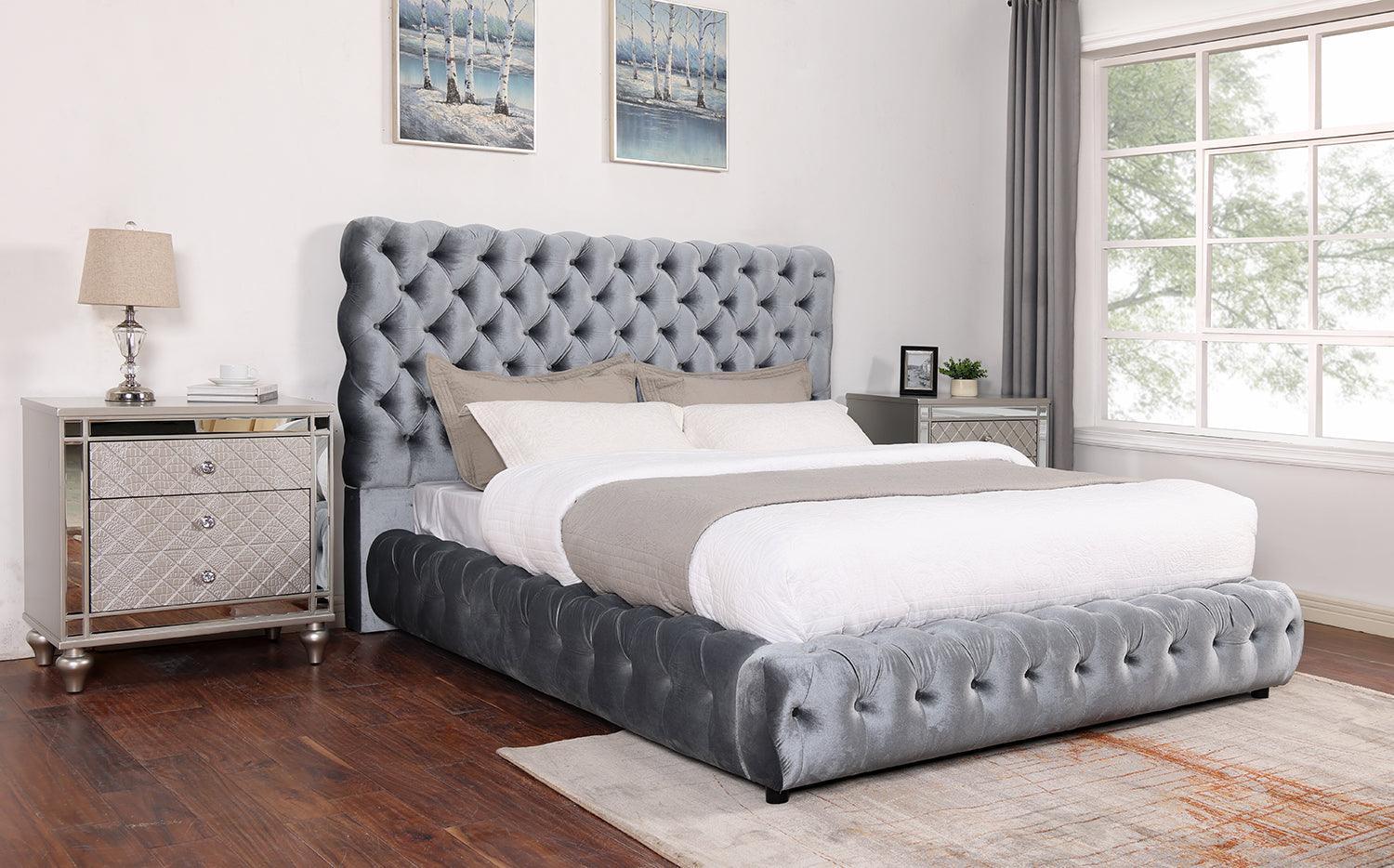Flory Gray Upholstered Velvet Tufted Platform Queen Bed - Image 3