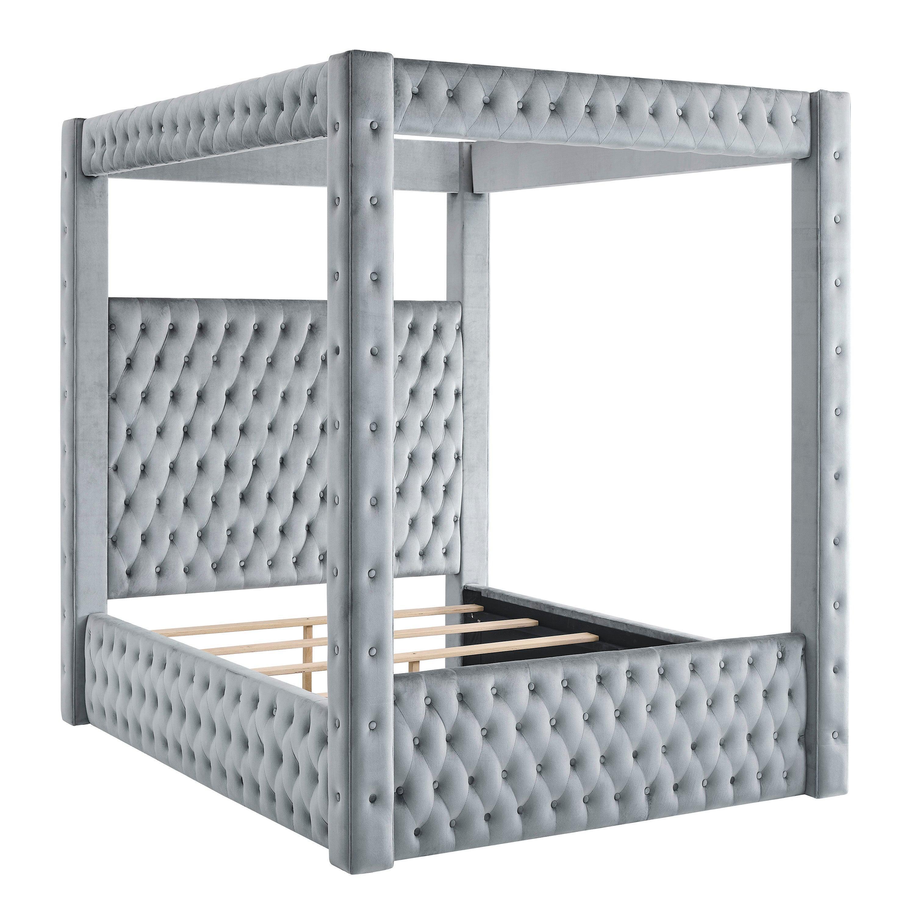 Annabelle Gray Upholstered Tufted Canopy Panel Queen Bed - Image 3