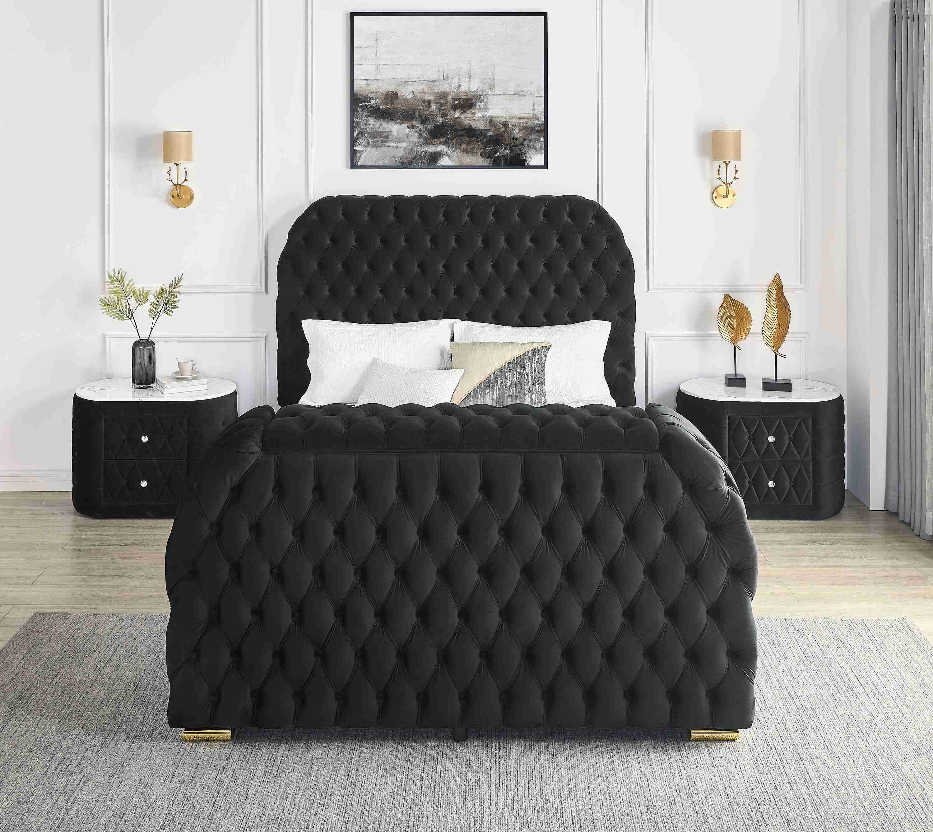 Natalia Black Upholstered Tufted Panel Queen Bed - Image 3