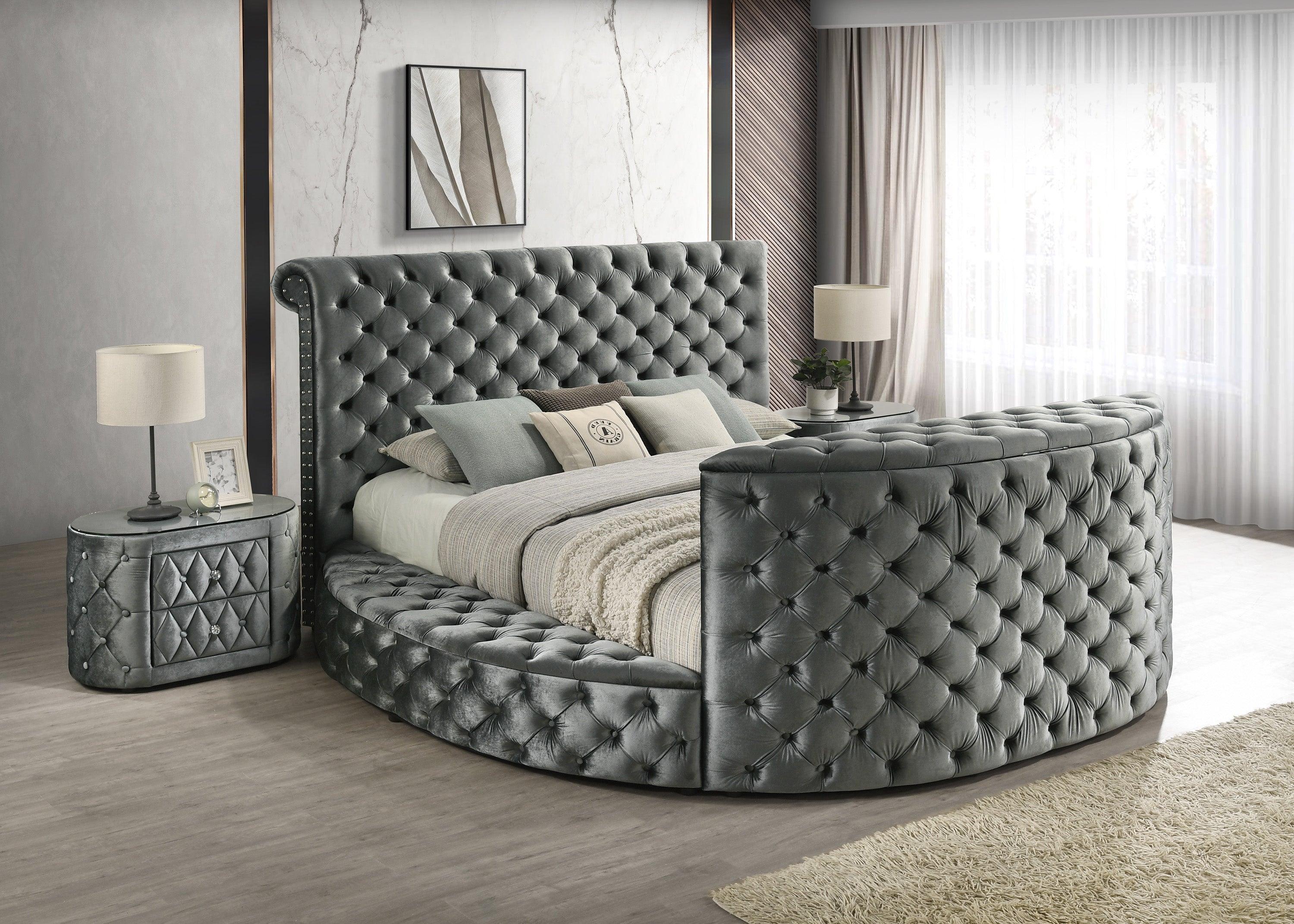 Voltare Gray Upholstered Tufted Panel Queen Bed - Image 2