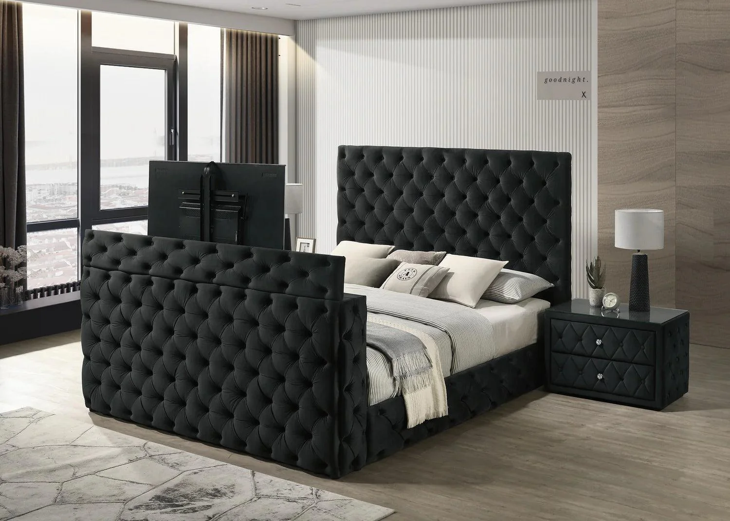 Josephine Black Upholstered Tufted w TV Lift Panel Queen Bed - Image 1