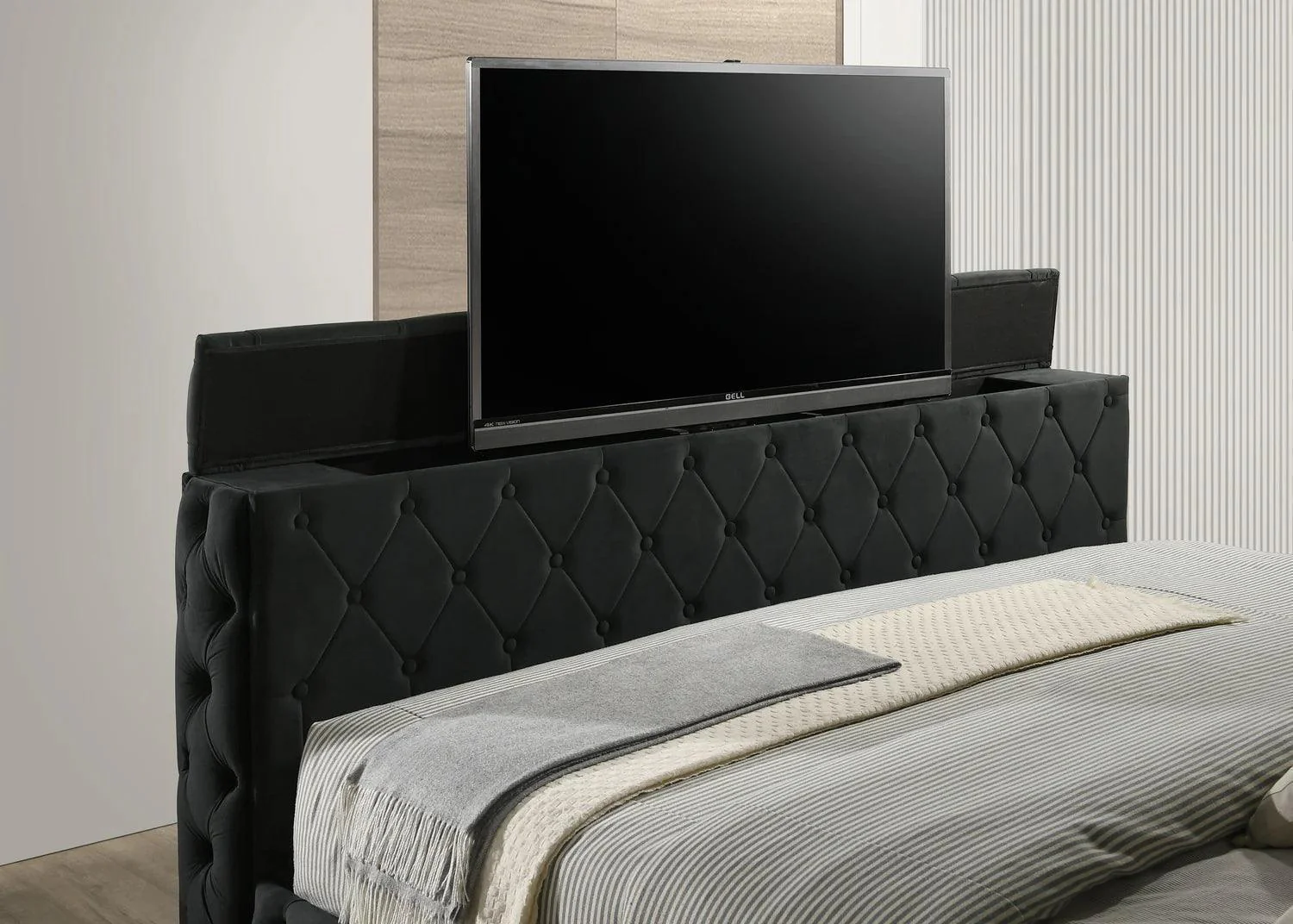 Josephine Black Upholstered Tufted w TV Lift Panel Queen Bed - Image 3
