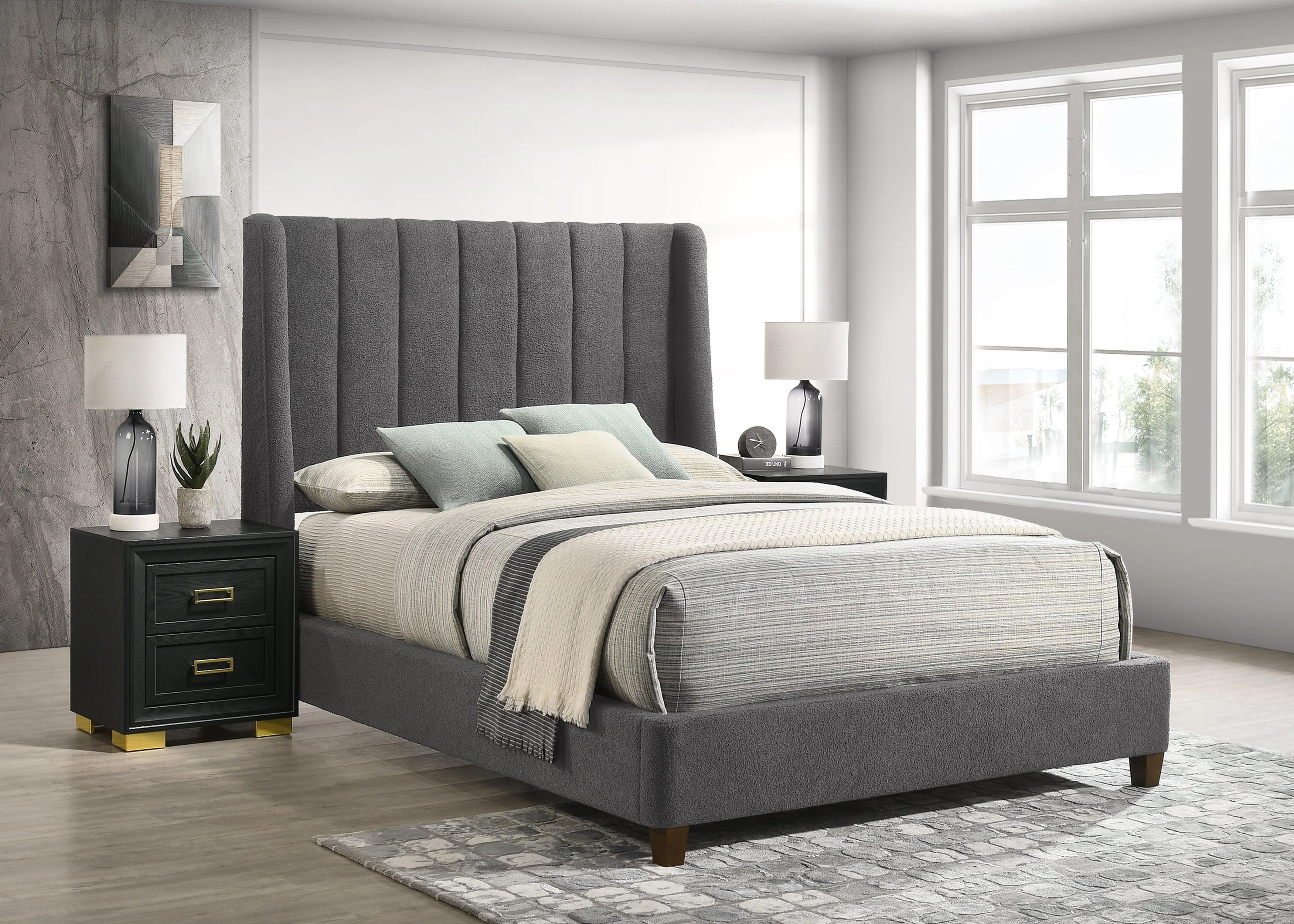Agnes Charcoal Velvet Upholstered Panel Queen Bed - Image 2