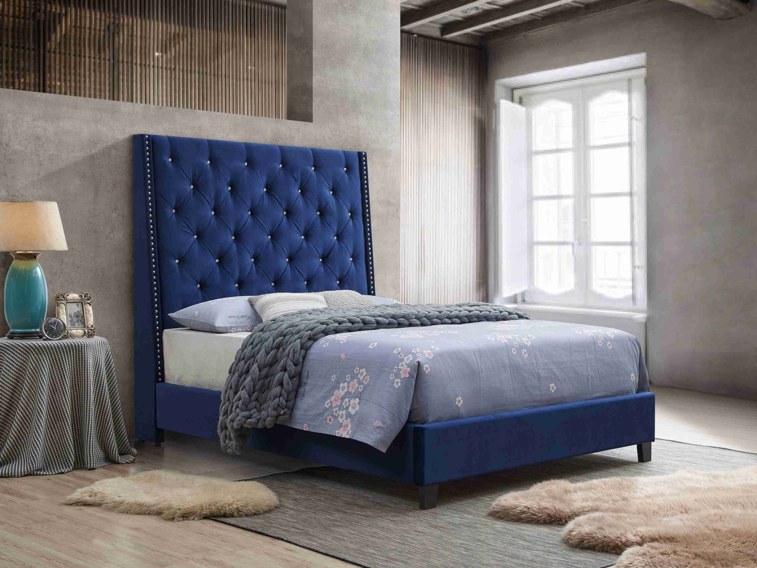 Chantilly Royal Blue Velvet Upholstered Tufted Panel King Bed - Image 2