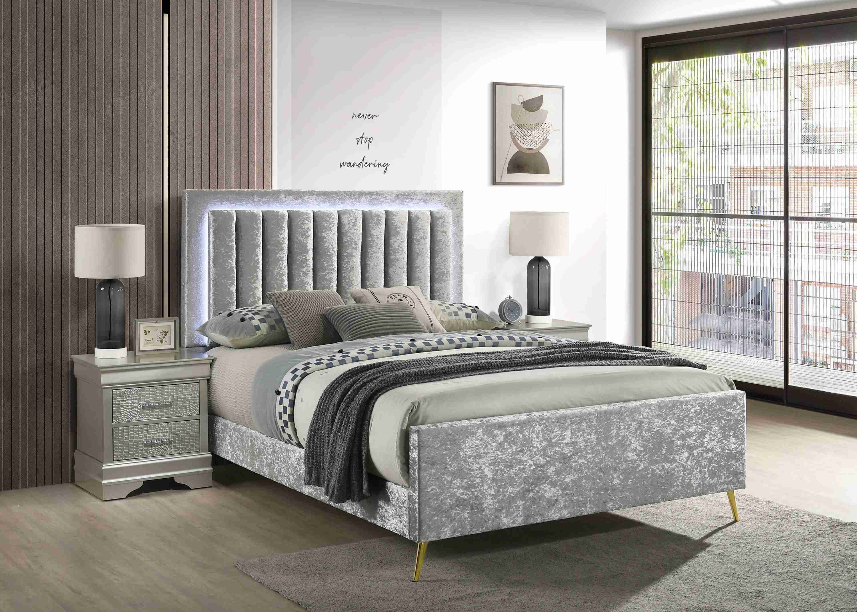 Glisten Gray Velvet Upholstered Panel LED King Bed - Image 2