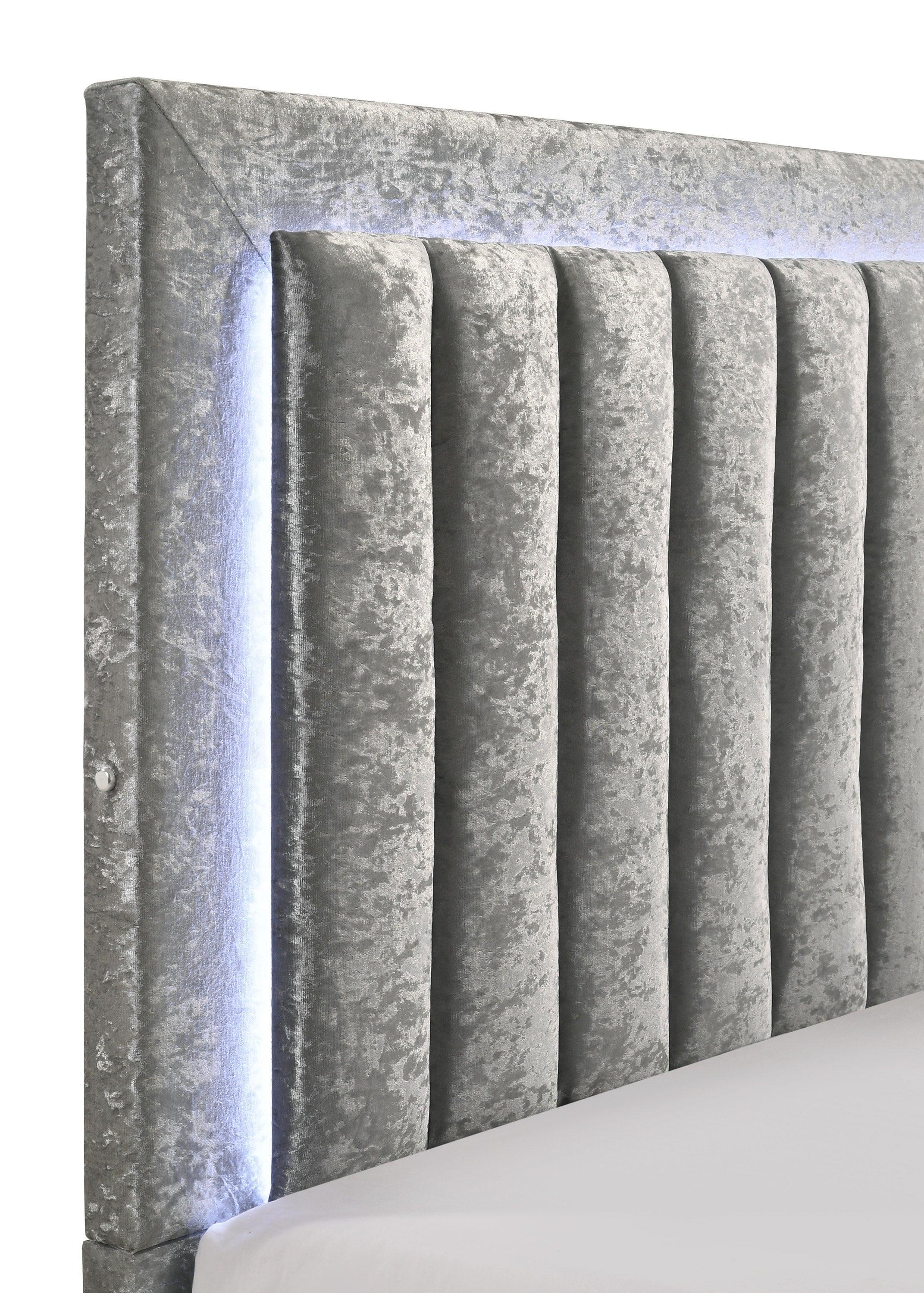 Glisten Gray Velvet Upholstered Panel LED King Bed - Image 3