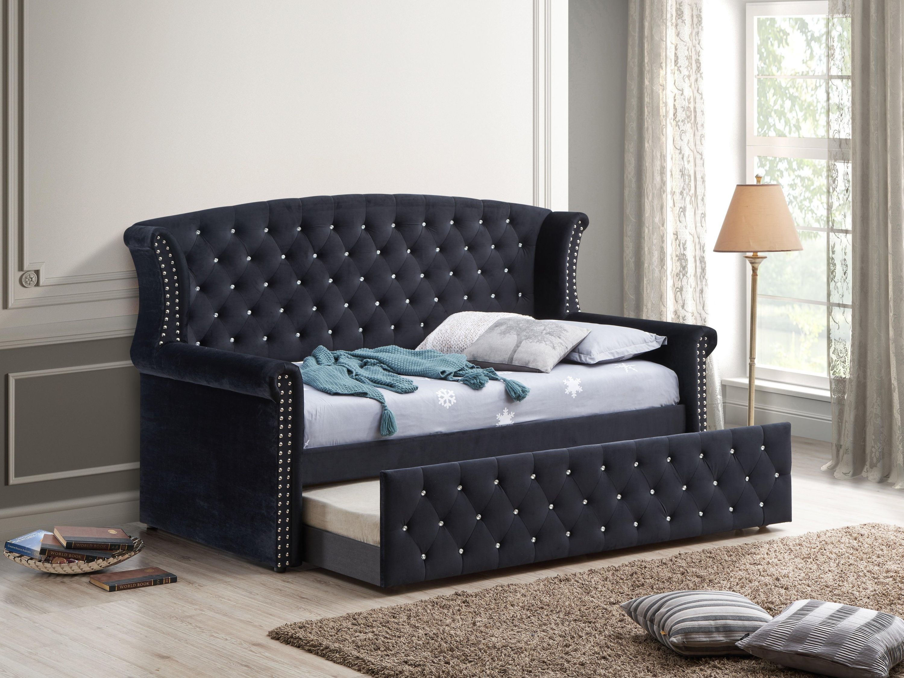 Lucinda Black Velvet Trundle Daybed - Image 2