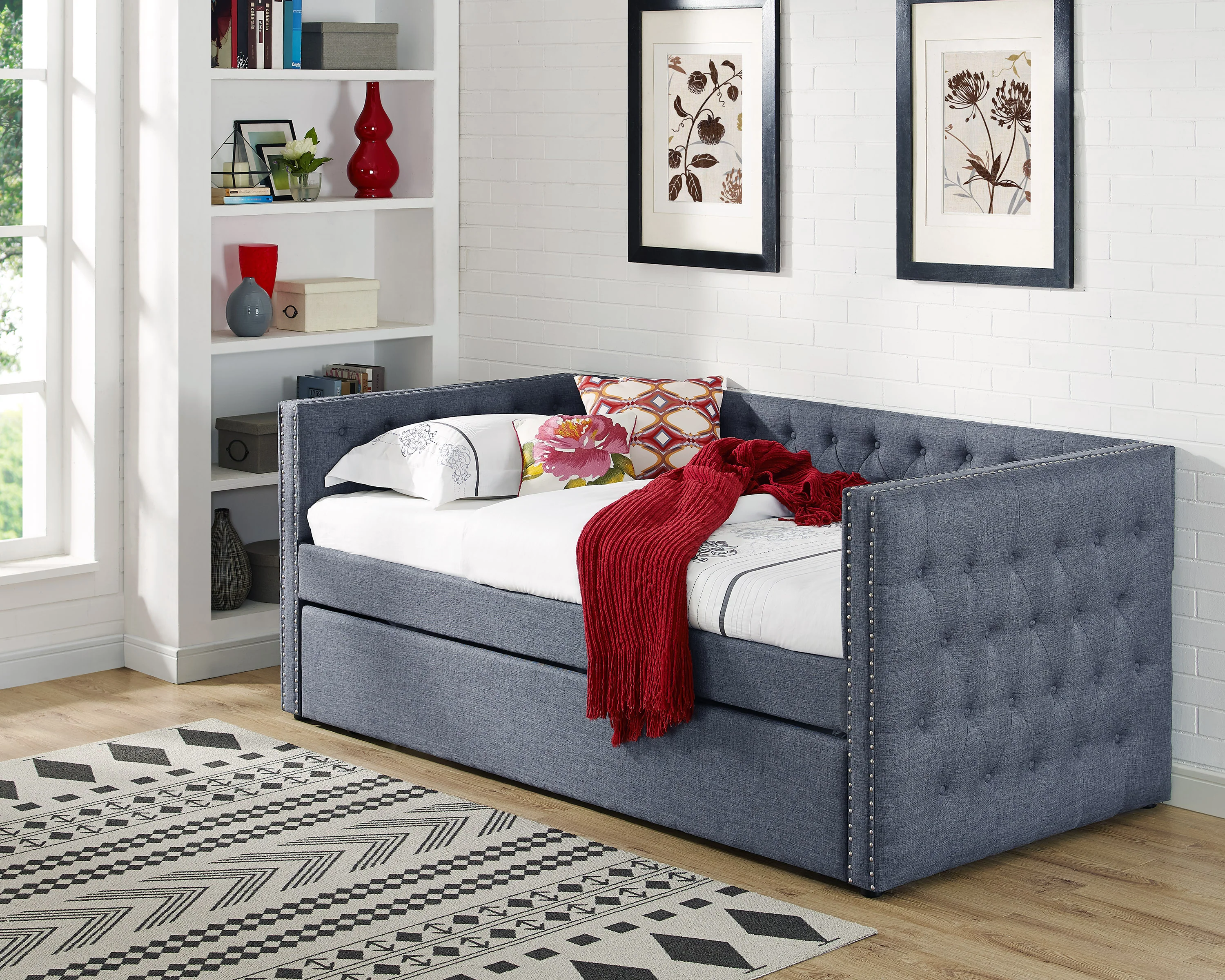 Trina Gunmetal Fabric Upholstered Trundle Tufted Daybed - Image 2