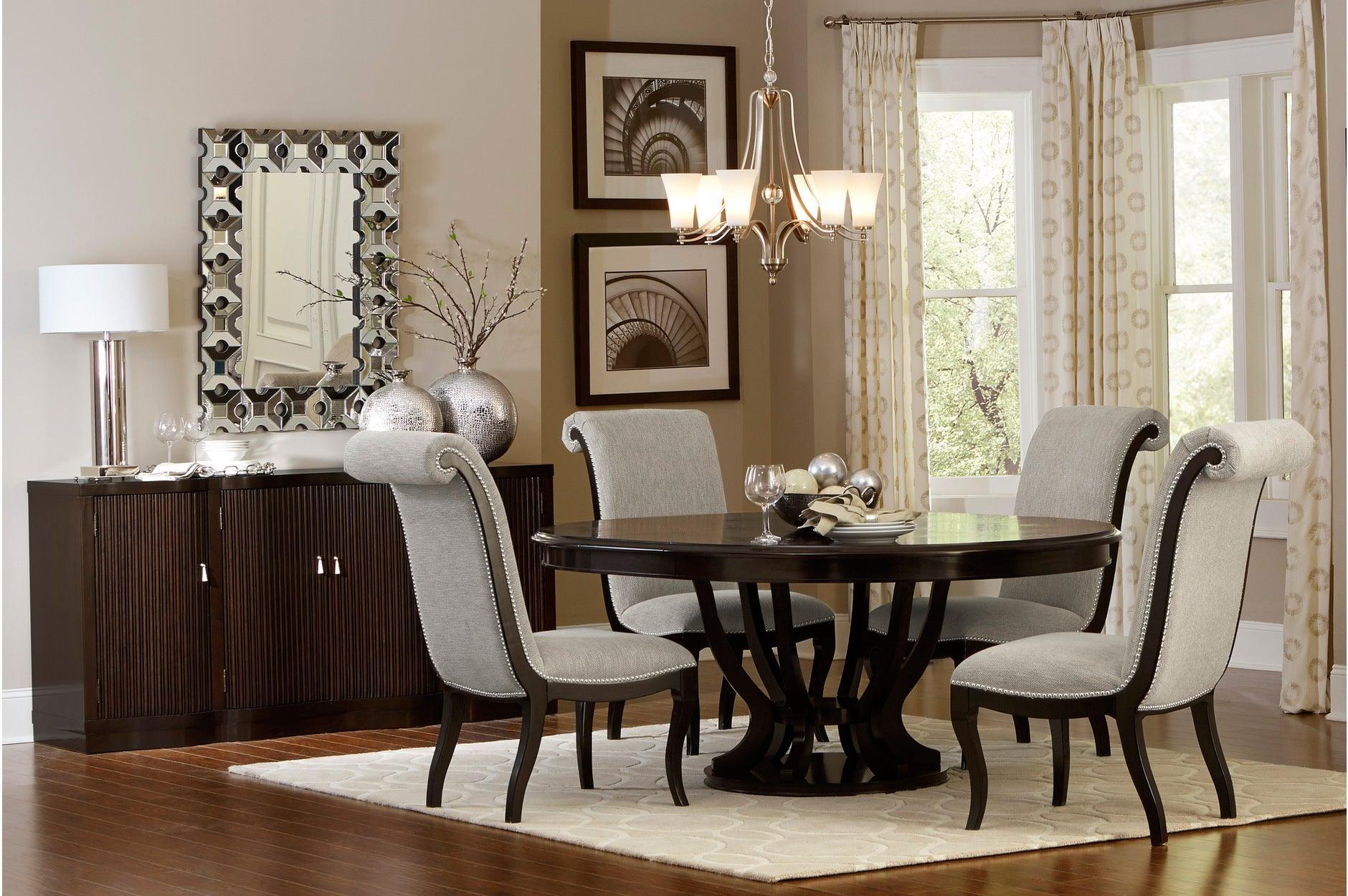 Savion Neutral Espresso Fabric Circle Dining Room Set - Image 1