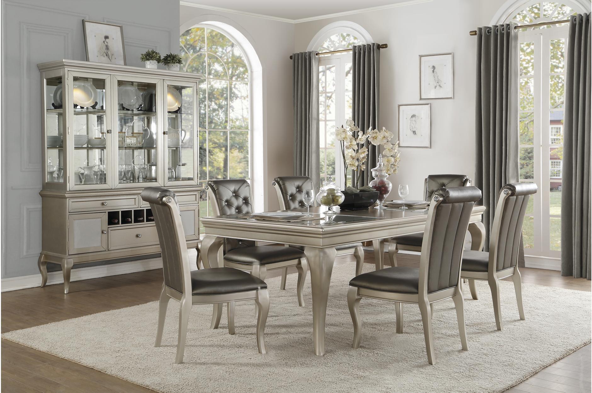 Crawford Silver Faux Leather Tufted Rectangular Dining Room Set - Image 1