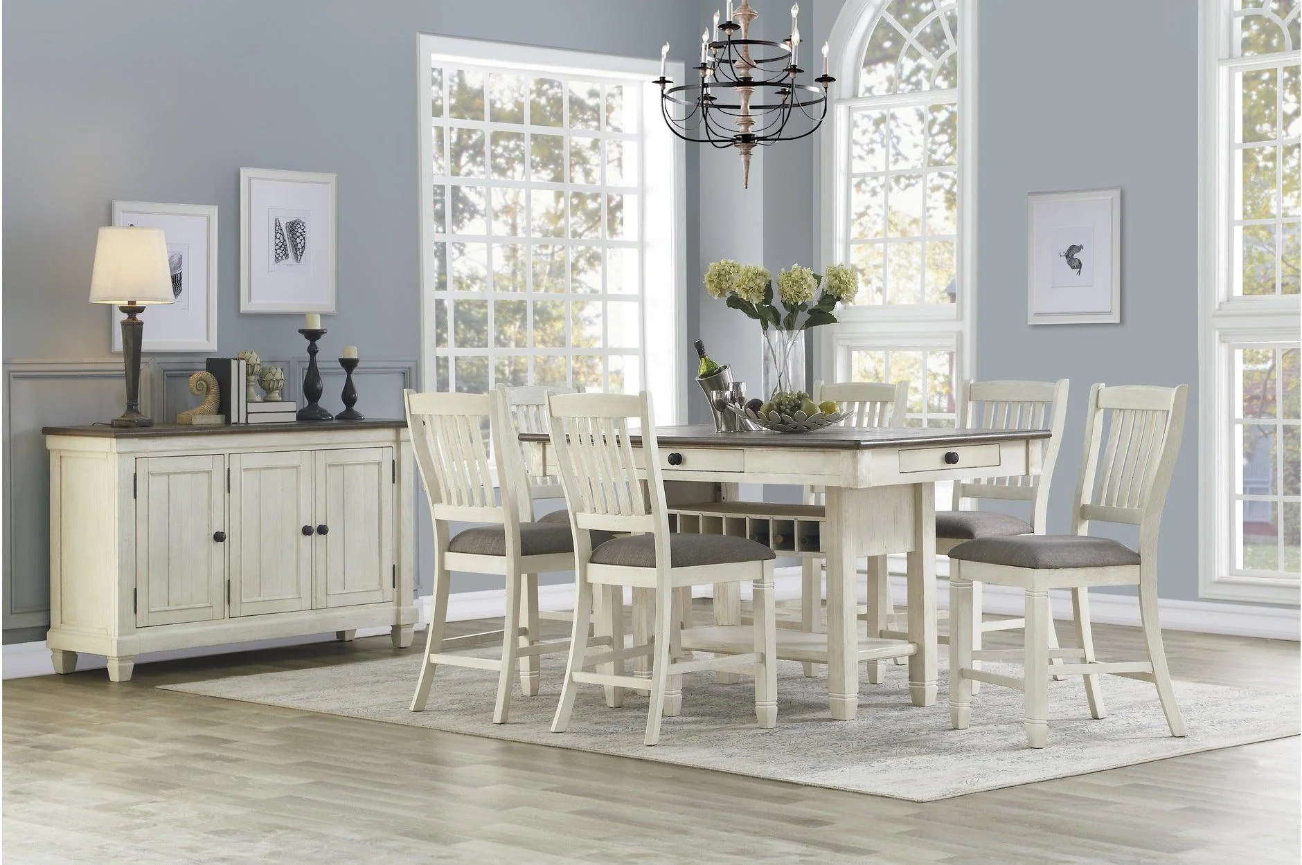 Granby Antique White Rosy Brown Fabric Rectangular Storage Dining Room Set - Image 1