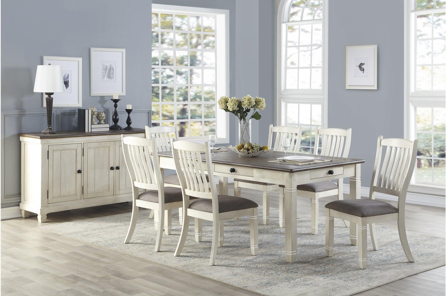 Granby Antique White Rosy Brown Fabric Counter Height Storage Dining Room Set - Image 1