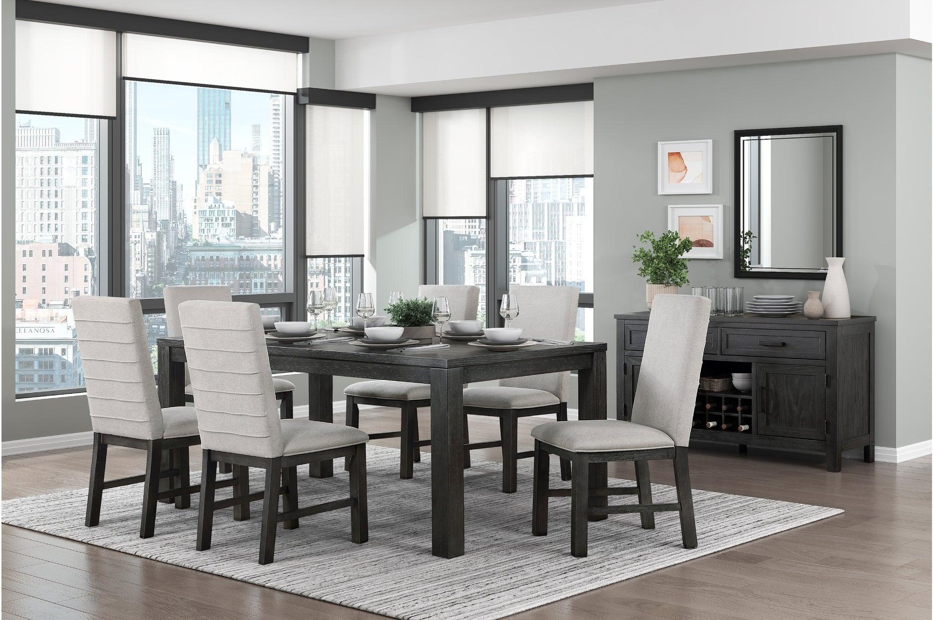Orem Antique Black Oak Gray Fabric Dining Room Set - Image 1