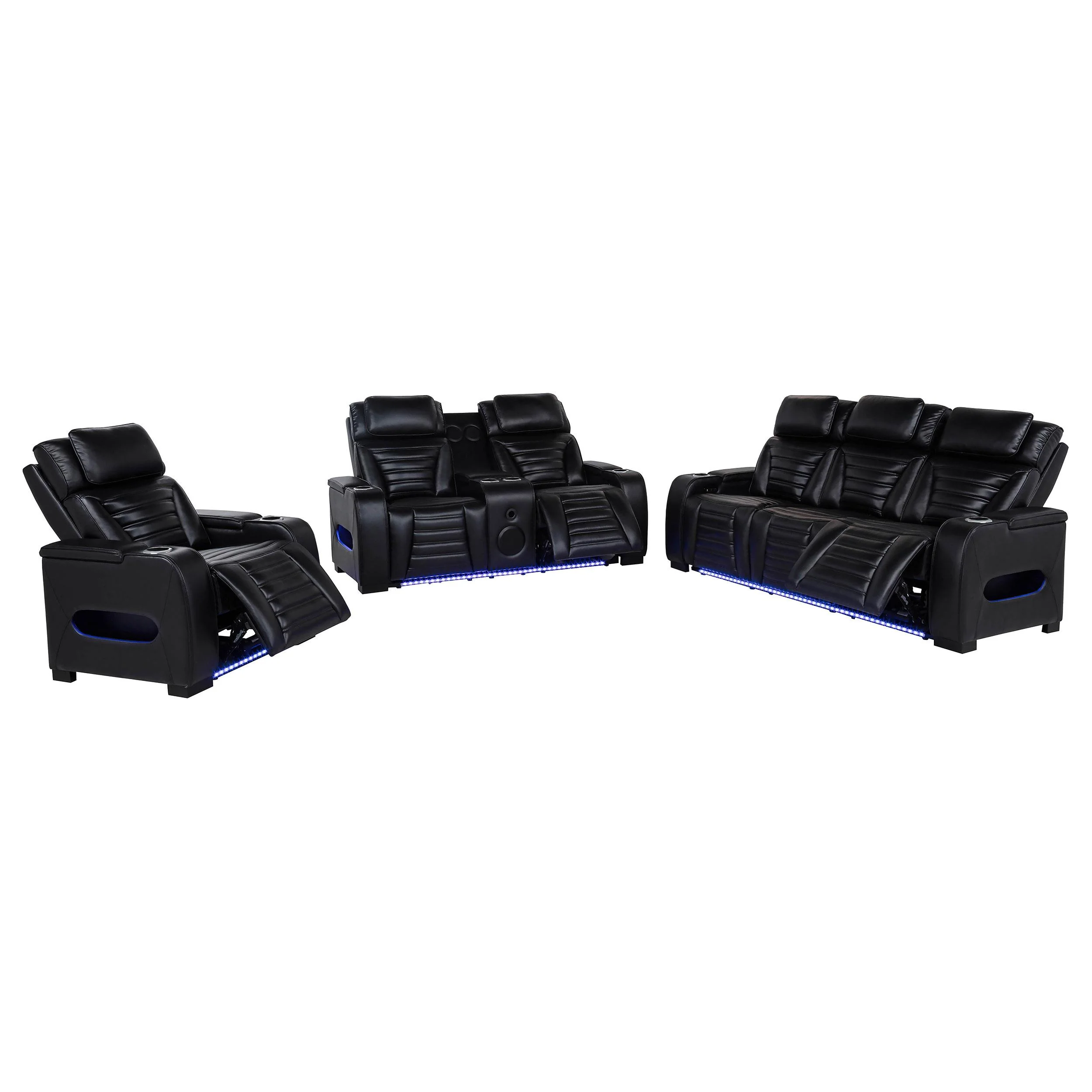 Zuma 3-piece Faux Leather Dual Power LED Sofa Set Black - Image 2