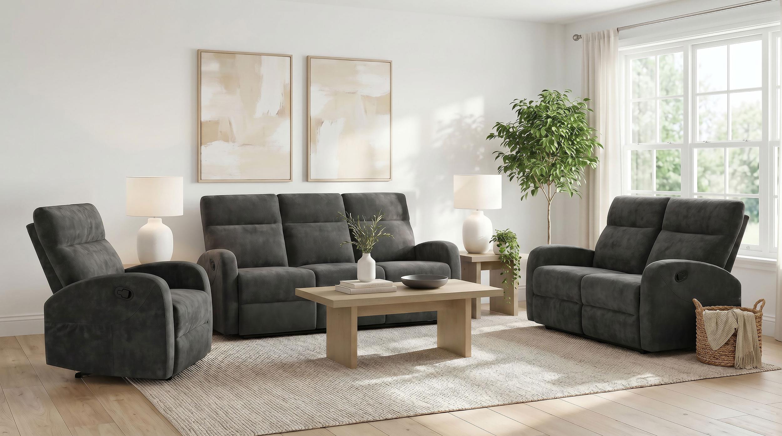 Hamilton 3-piece Chenille Manual Reclining Sofa Set Charcoal Grey - Image 2
