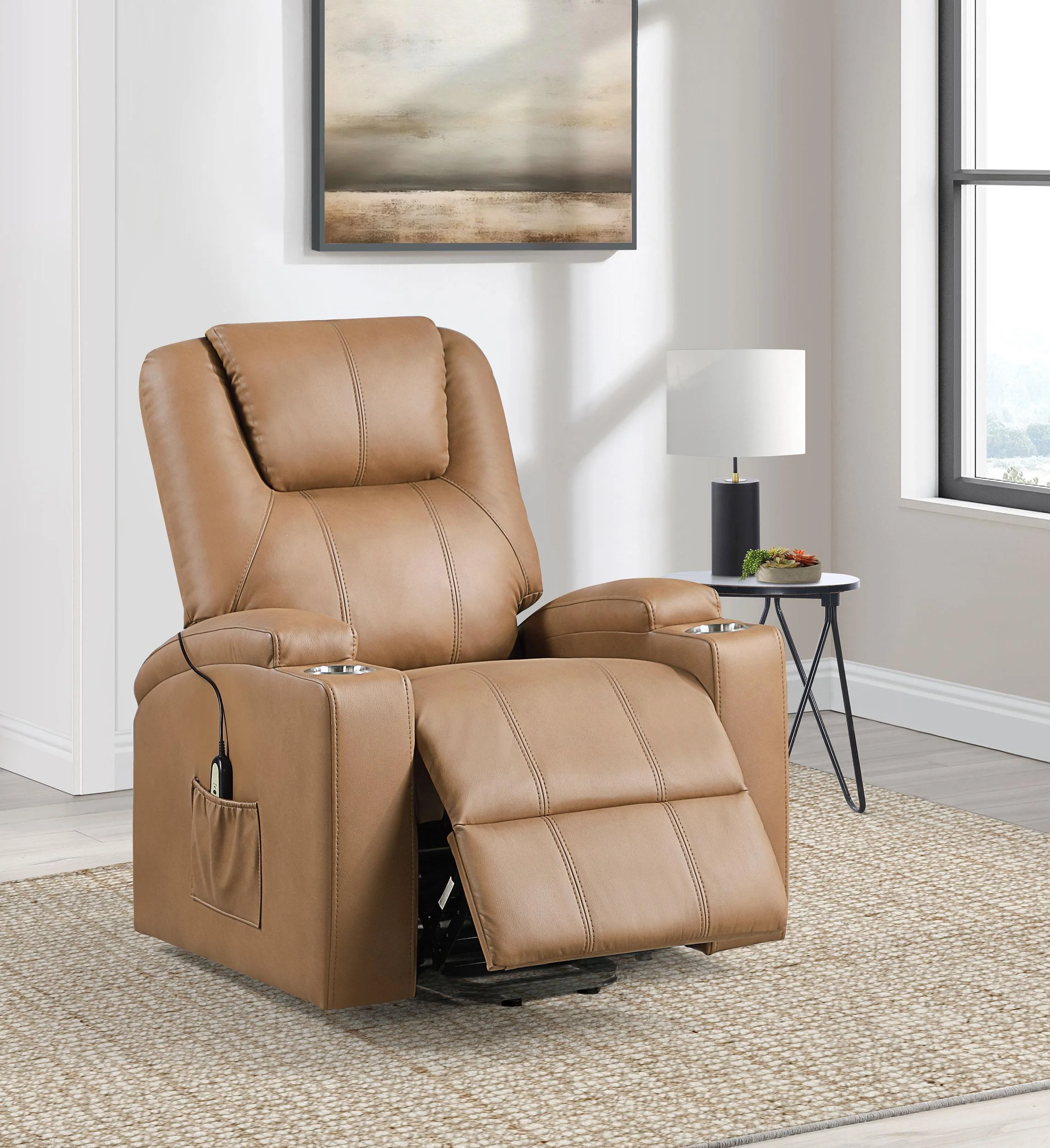 Armstrong Upholstered Power Lift Massage Recliner Camel - Image 3