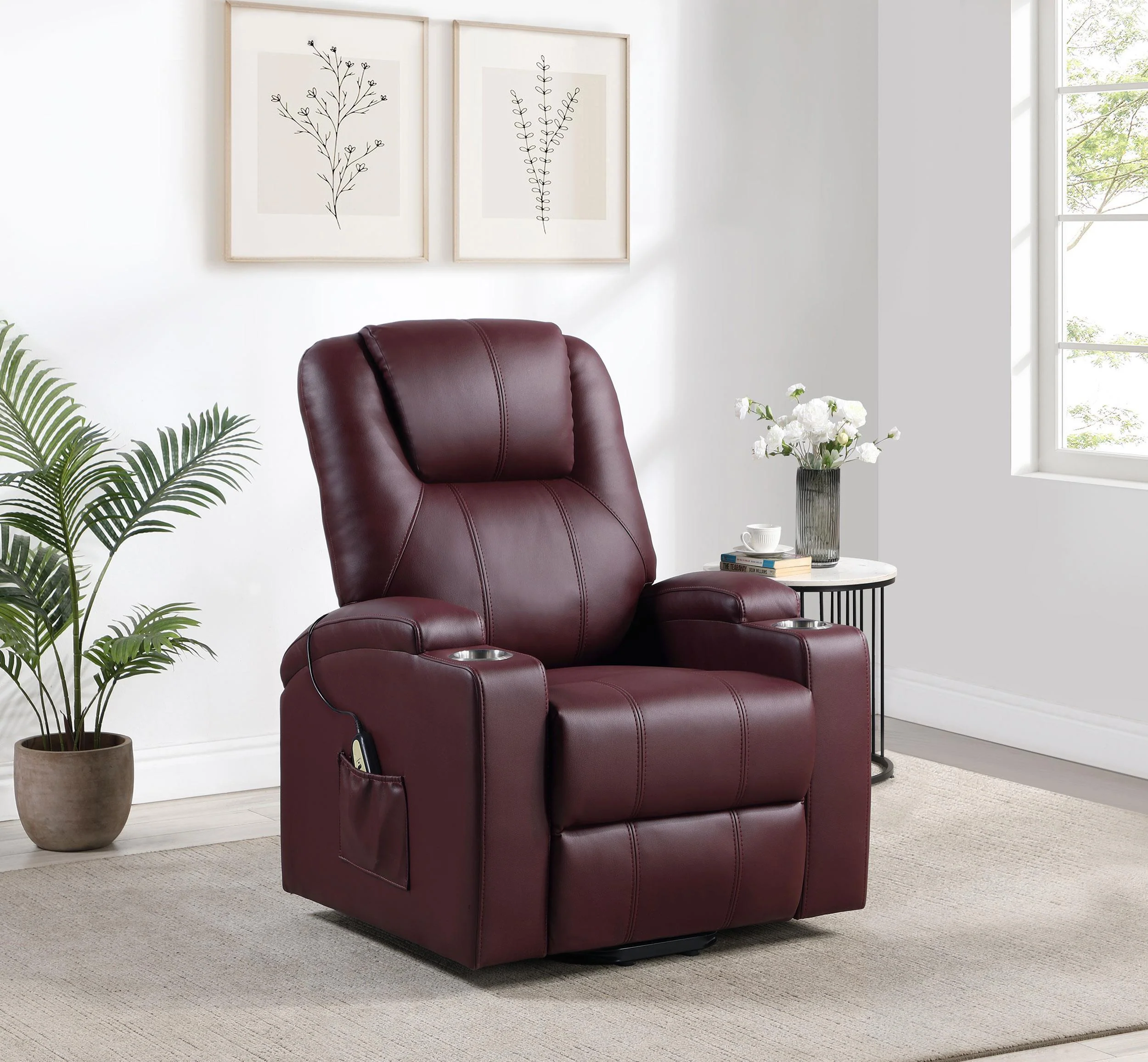 Armstrong Upholstered Power Lift Massage Recliner Wine Red - Image 2