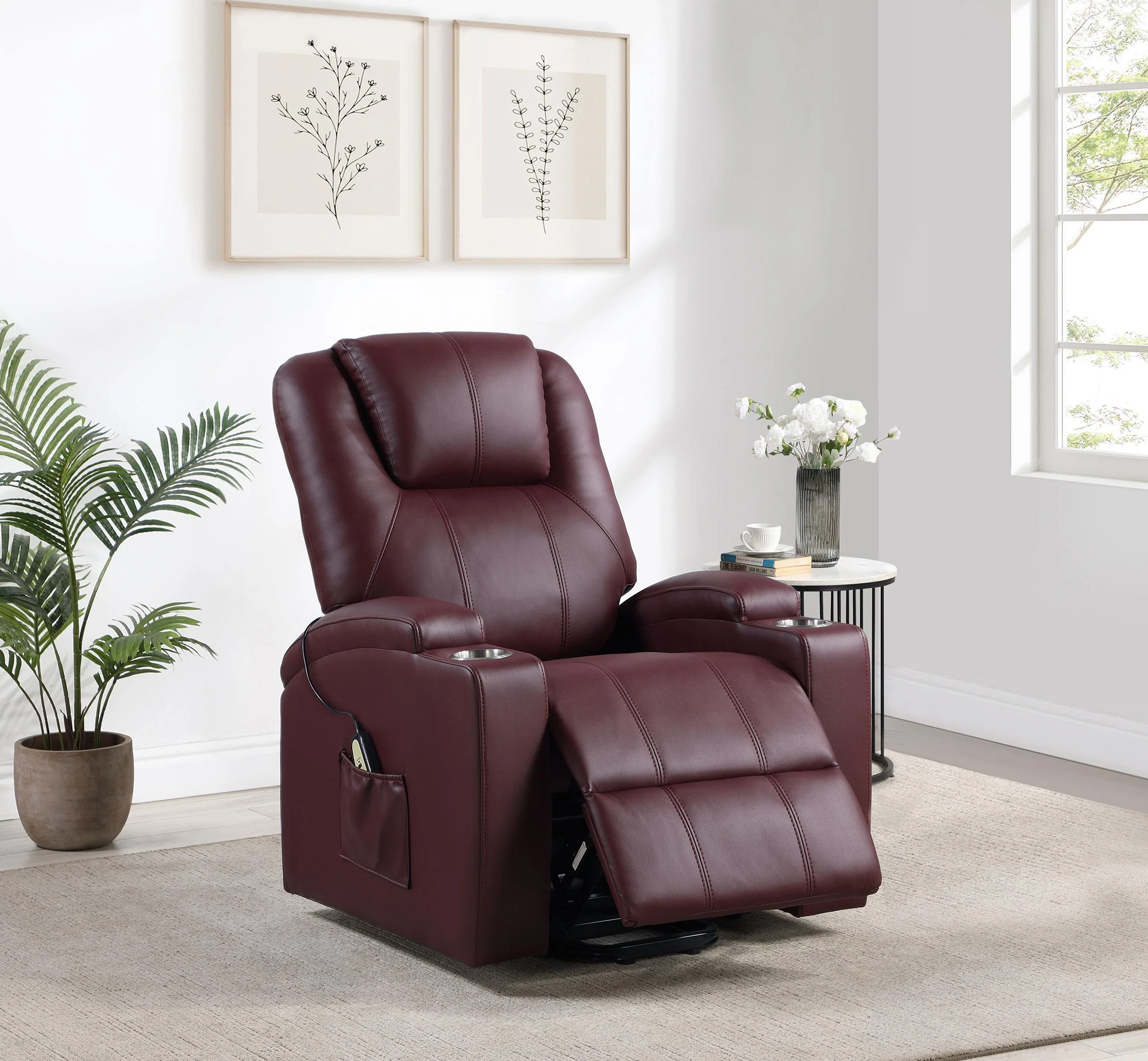 Armstrong Upholstered Power Lift Massage Recliner Wine Red - Image 3