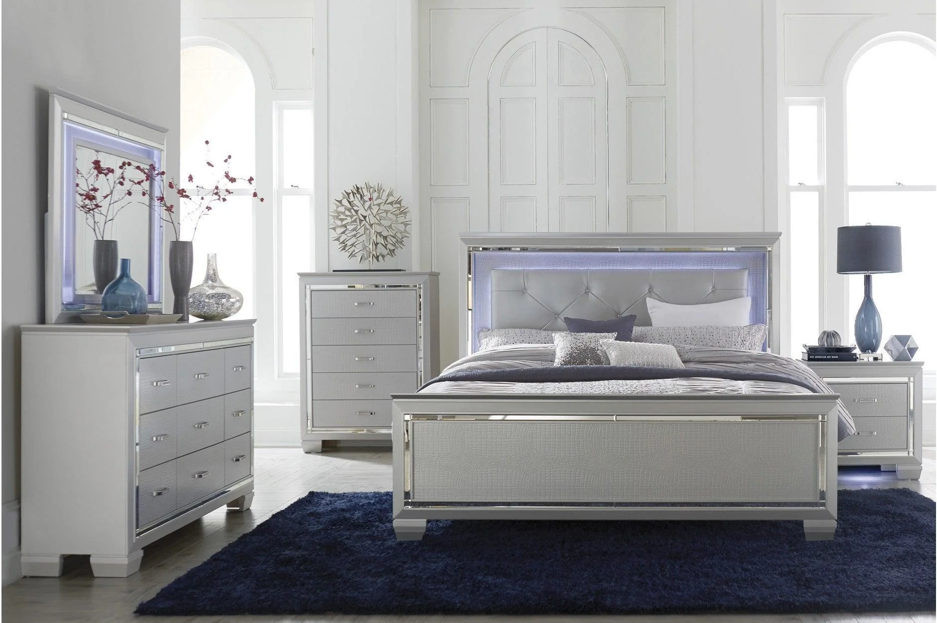 Allura Silver Faux Leather Tufted LED Panel Bedroom Set