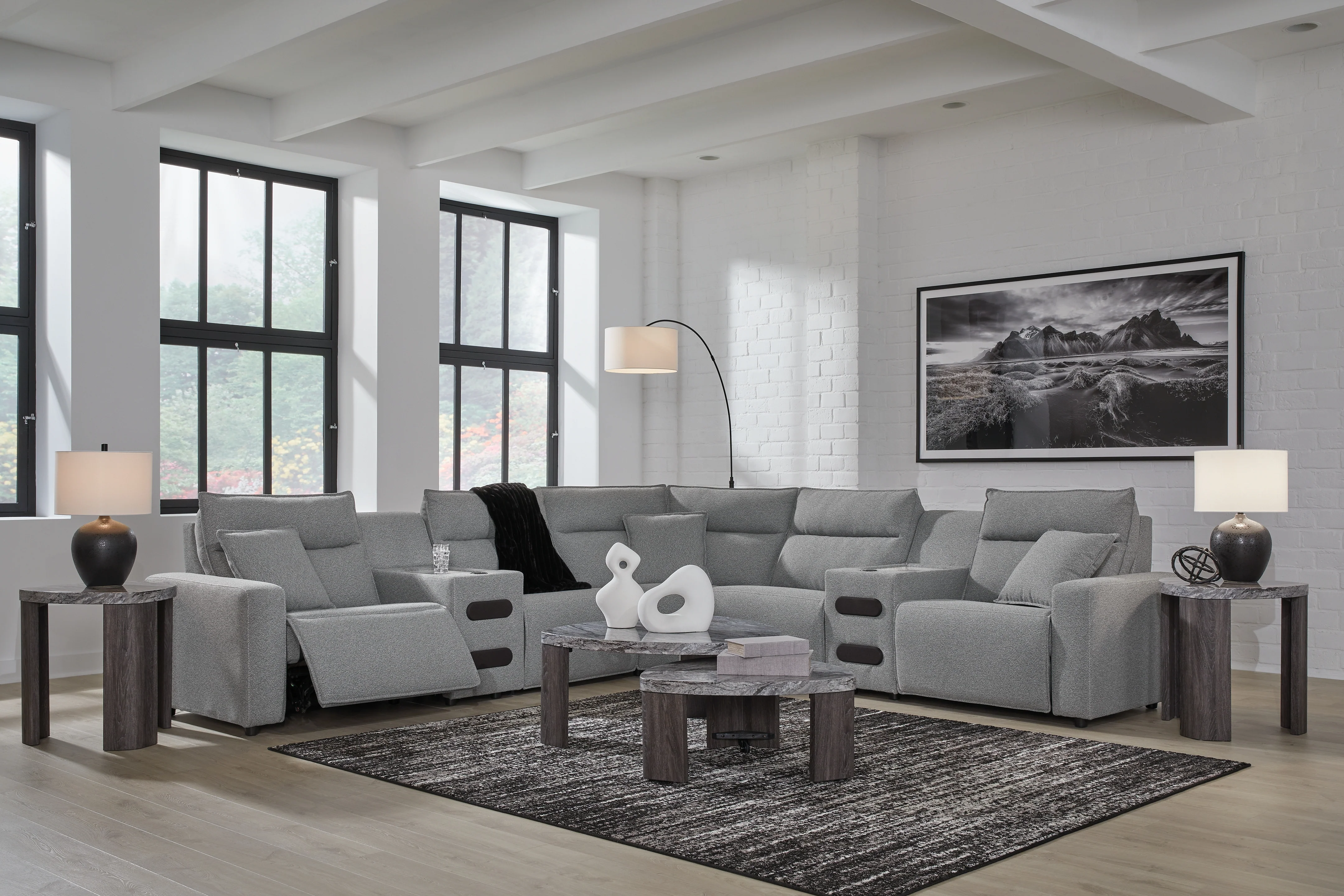 ModMax II Salt and Pepper Next-Gen Nuvella™ 7-Piece Power Reclining Sectional with Audio Consoles - Image 3