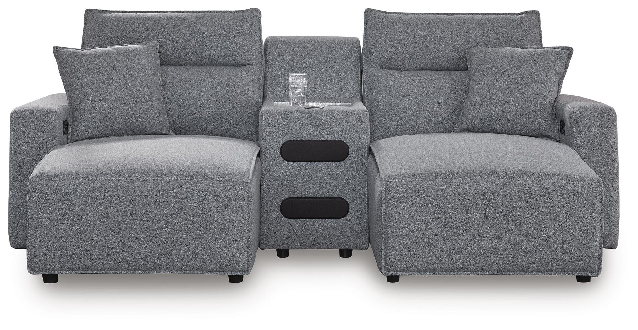 Modmax II Salt and Pepper Next-Gen Nuvella™ 3-Piece Power Reclining Sectional with Chaise and Audio Console - Image 2