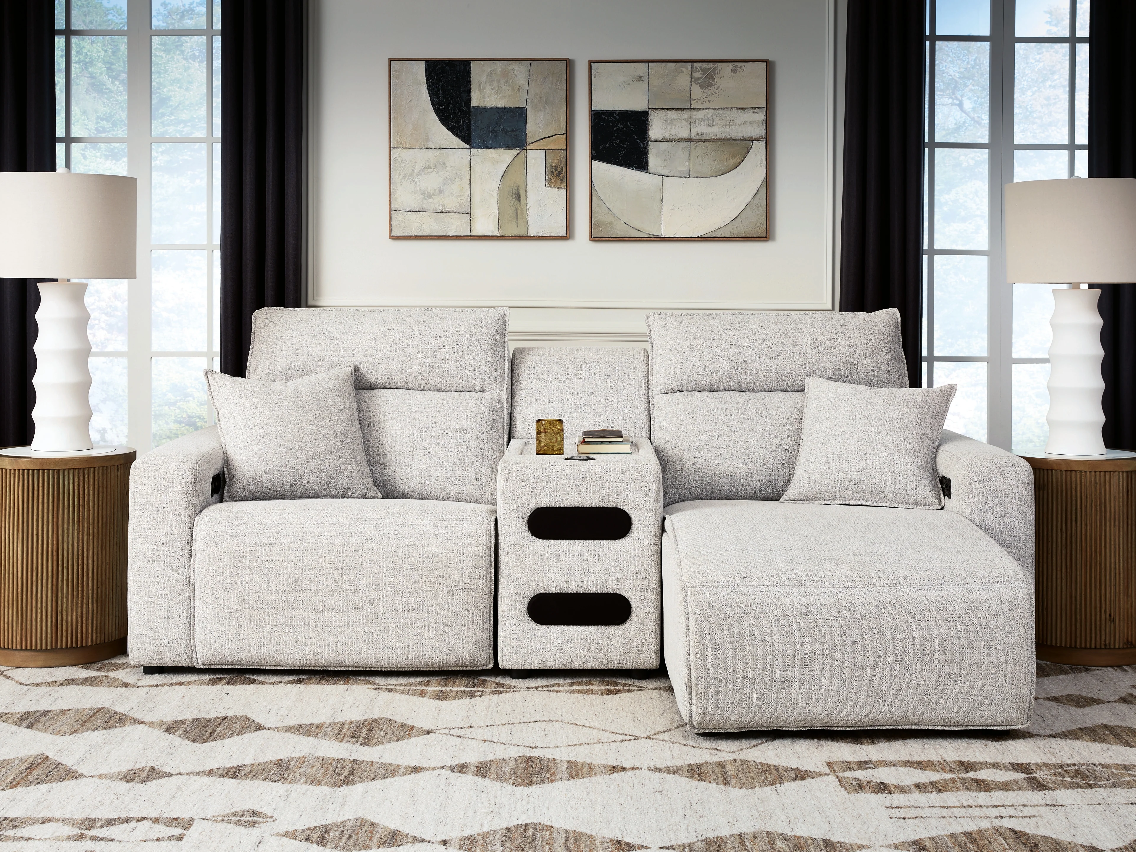 Modmax II Stone 3-Piece Power Reclining Sectional with Chaise and Audio Console - Image 2