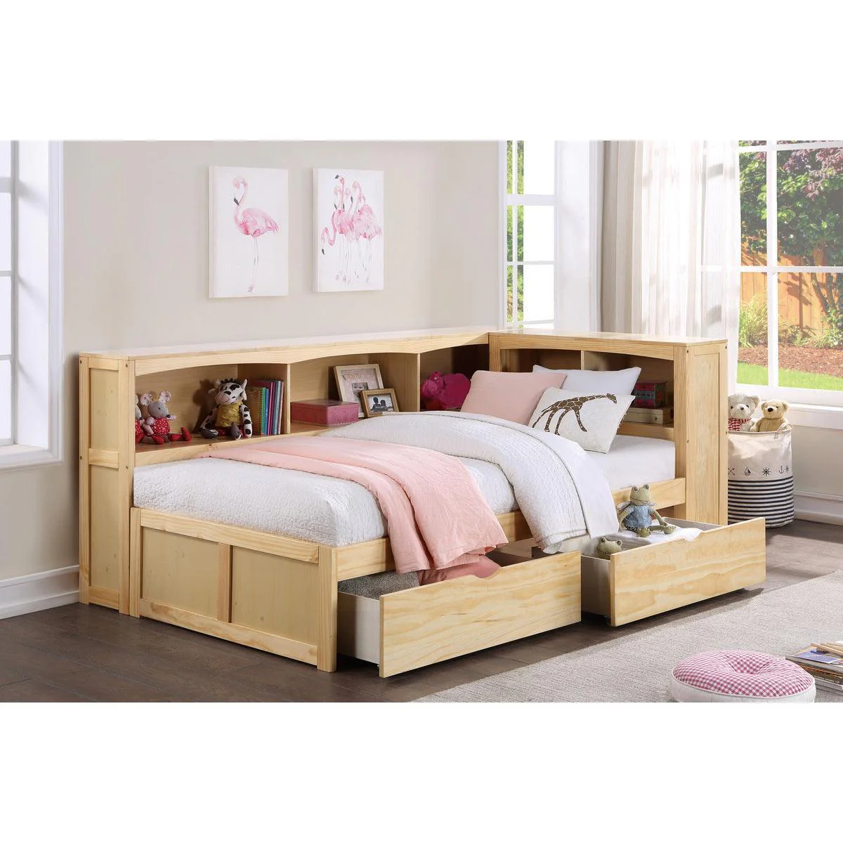 Bartly Natural Twin Bookcase Corner Bed With Storage Boxes