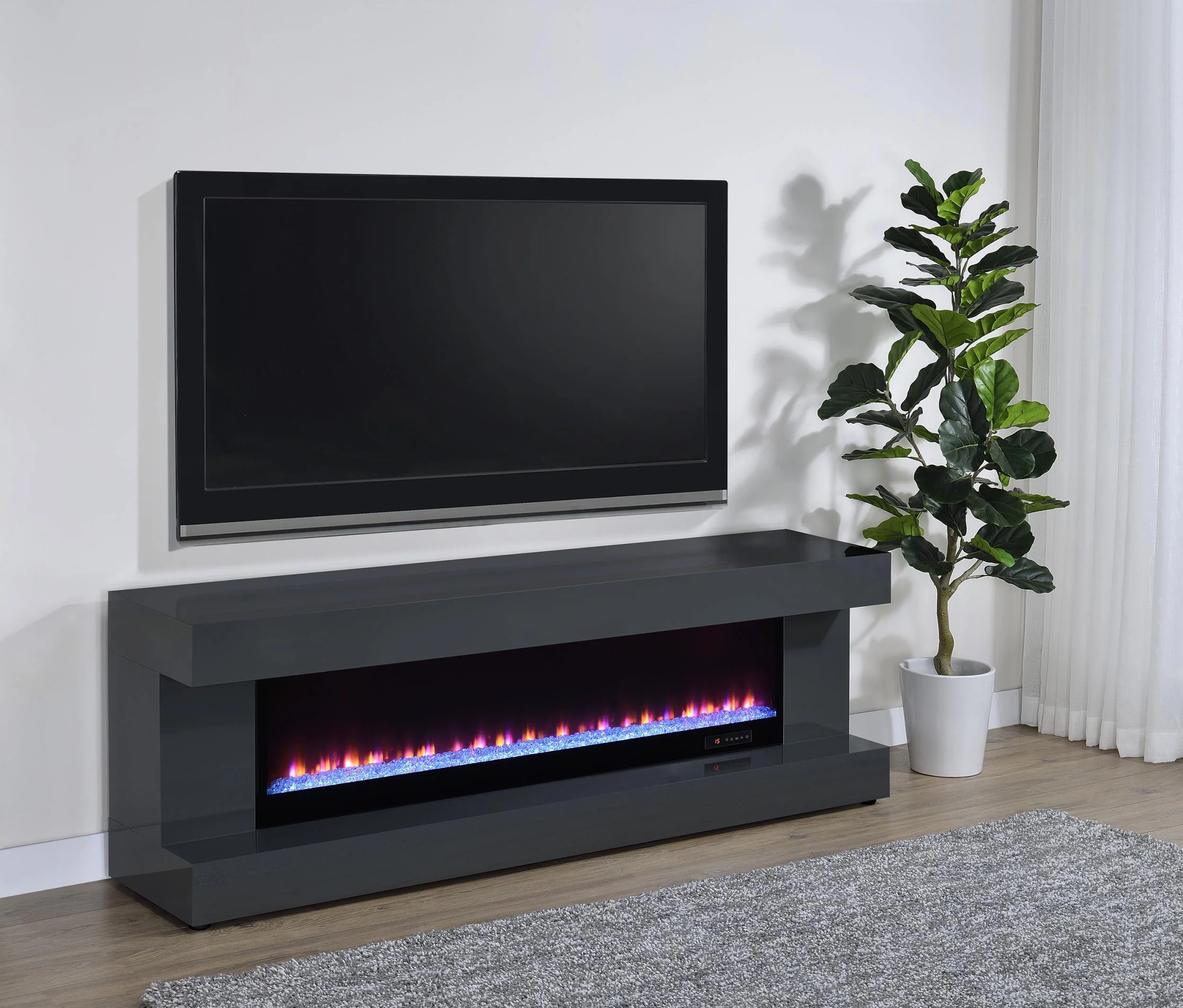 Mallory TV Stand Fireplace Console Bluetooth Speaker Grey High Gloss - Image 2