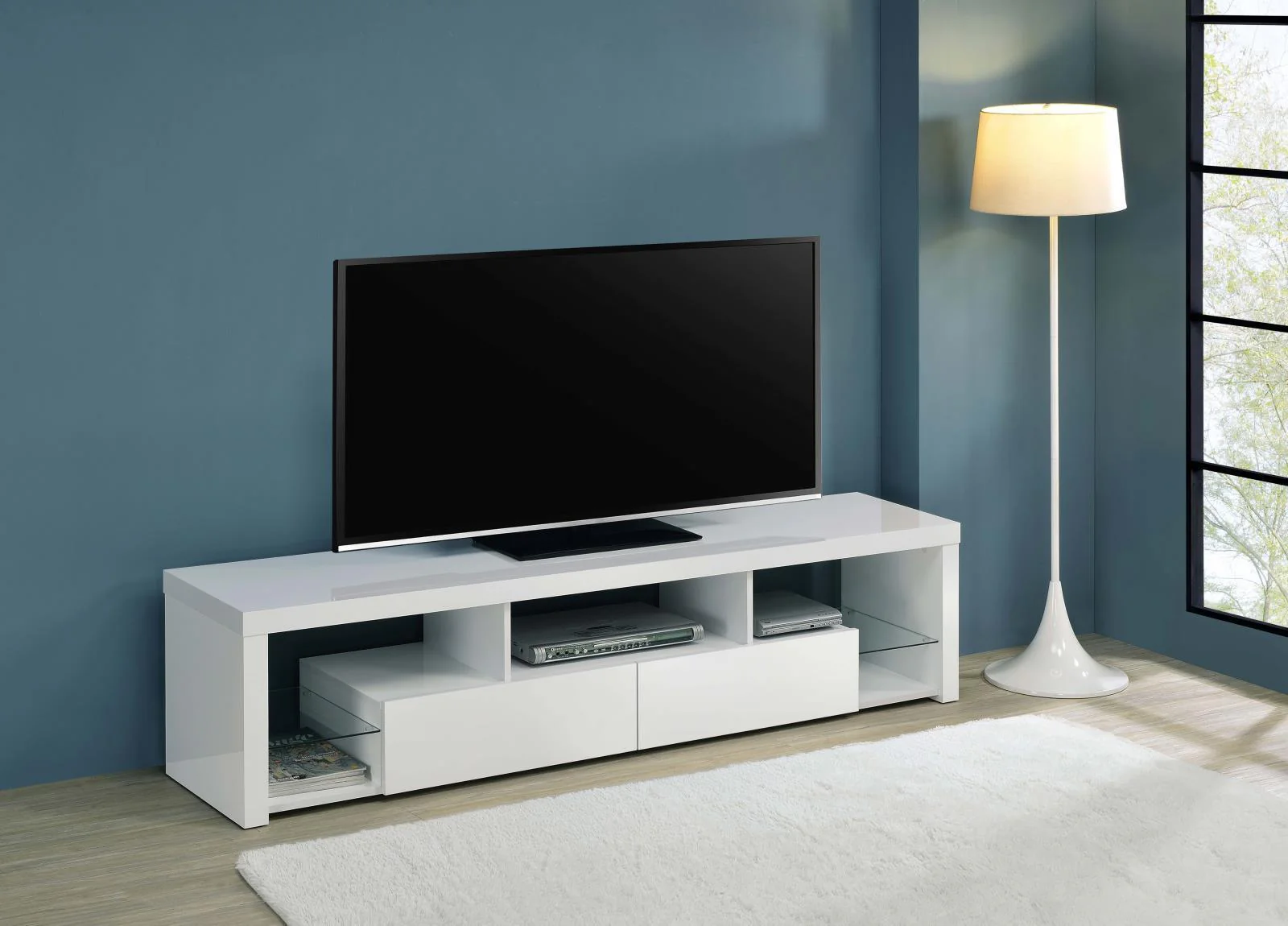 Jude 2-Drawer Wood 71″ TV Stand High Gloss White - Image 2