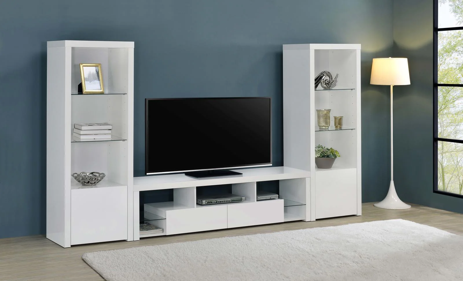 Jude 2-Drawer Wood 71″ TV Stand High Gloss White - Image 1