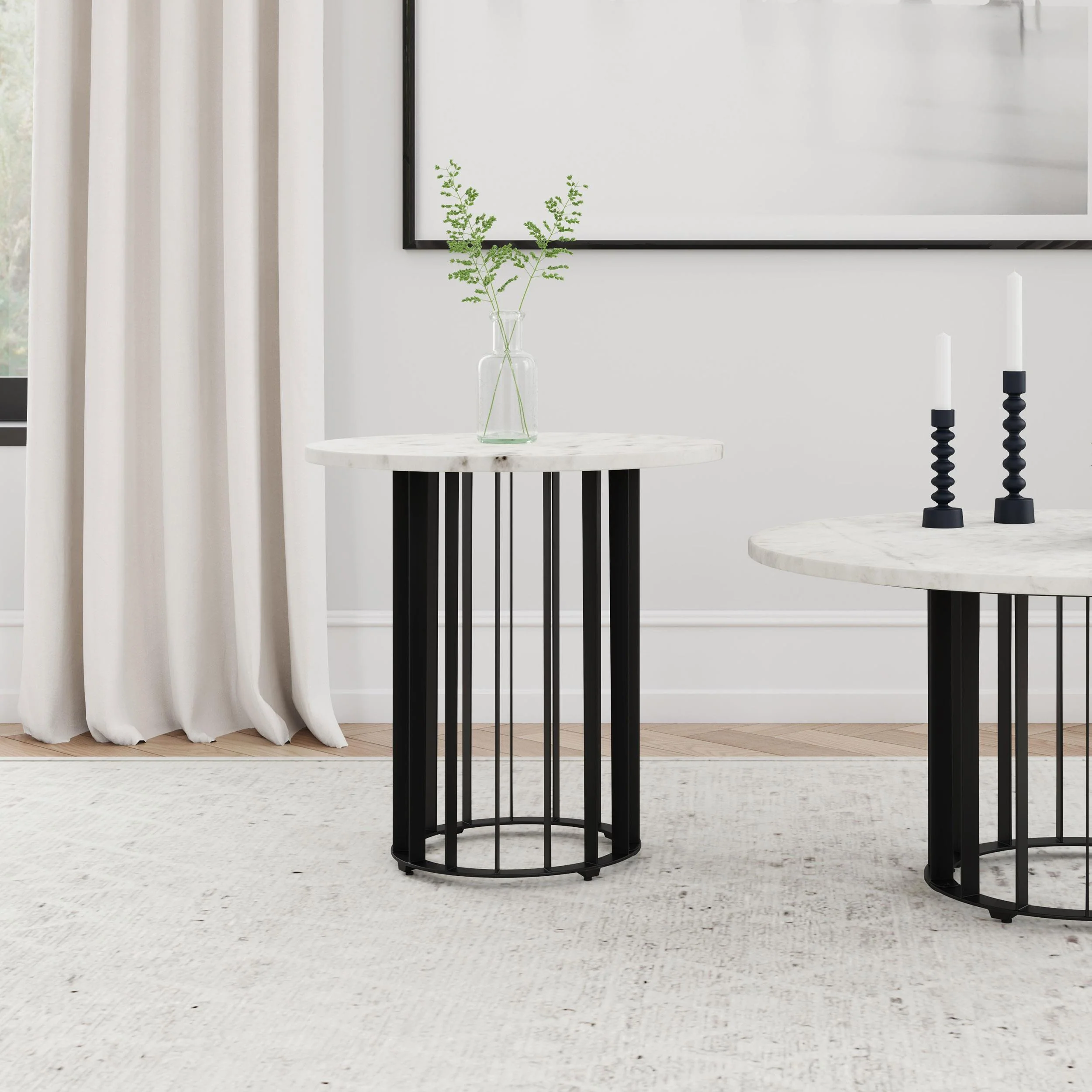 Haven Round Genuine White Marble Top End Side Table Black - Image 2