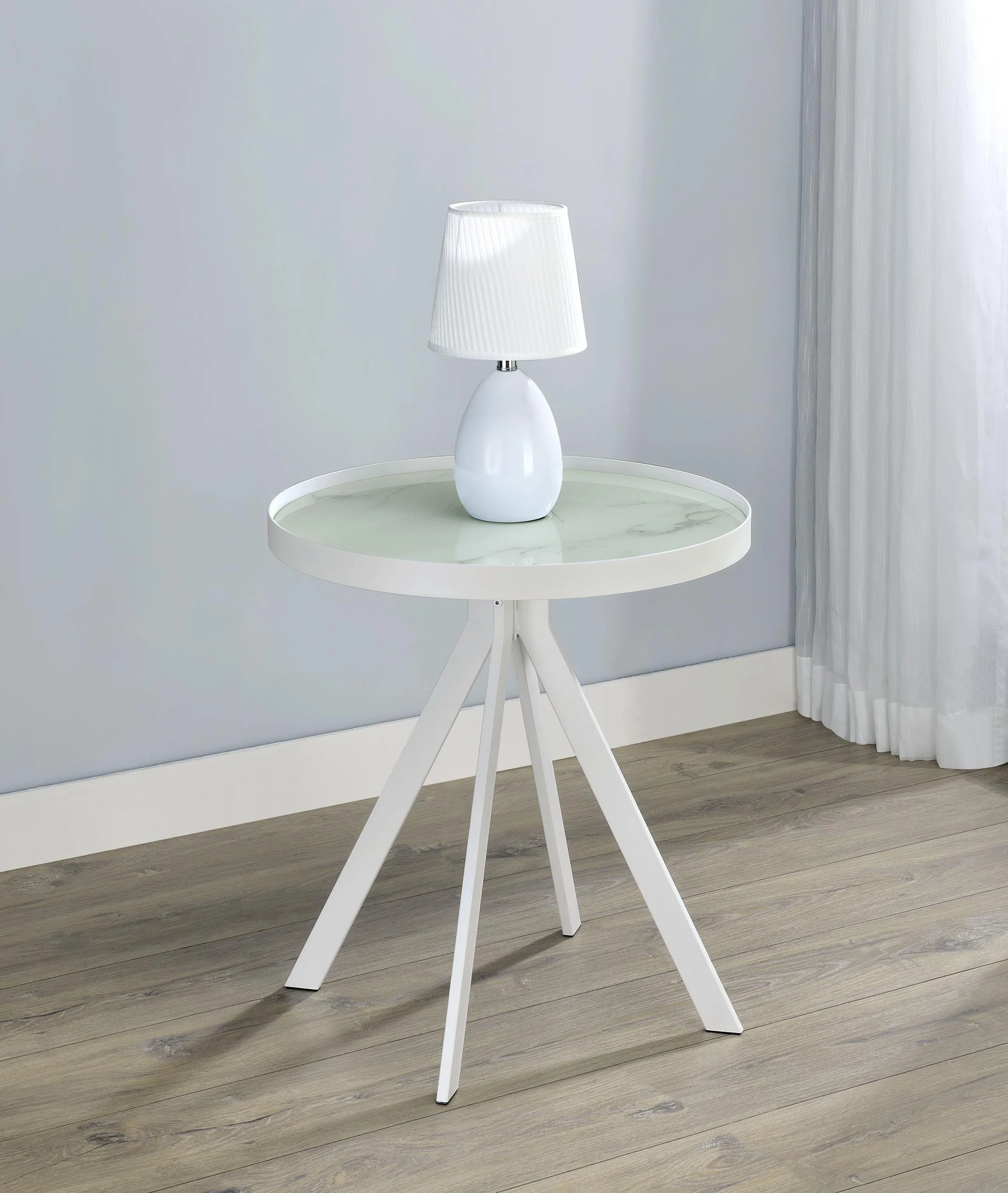 Briggs Round Marble Printed Glass Top End Side Table White - Image 2
