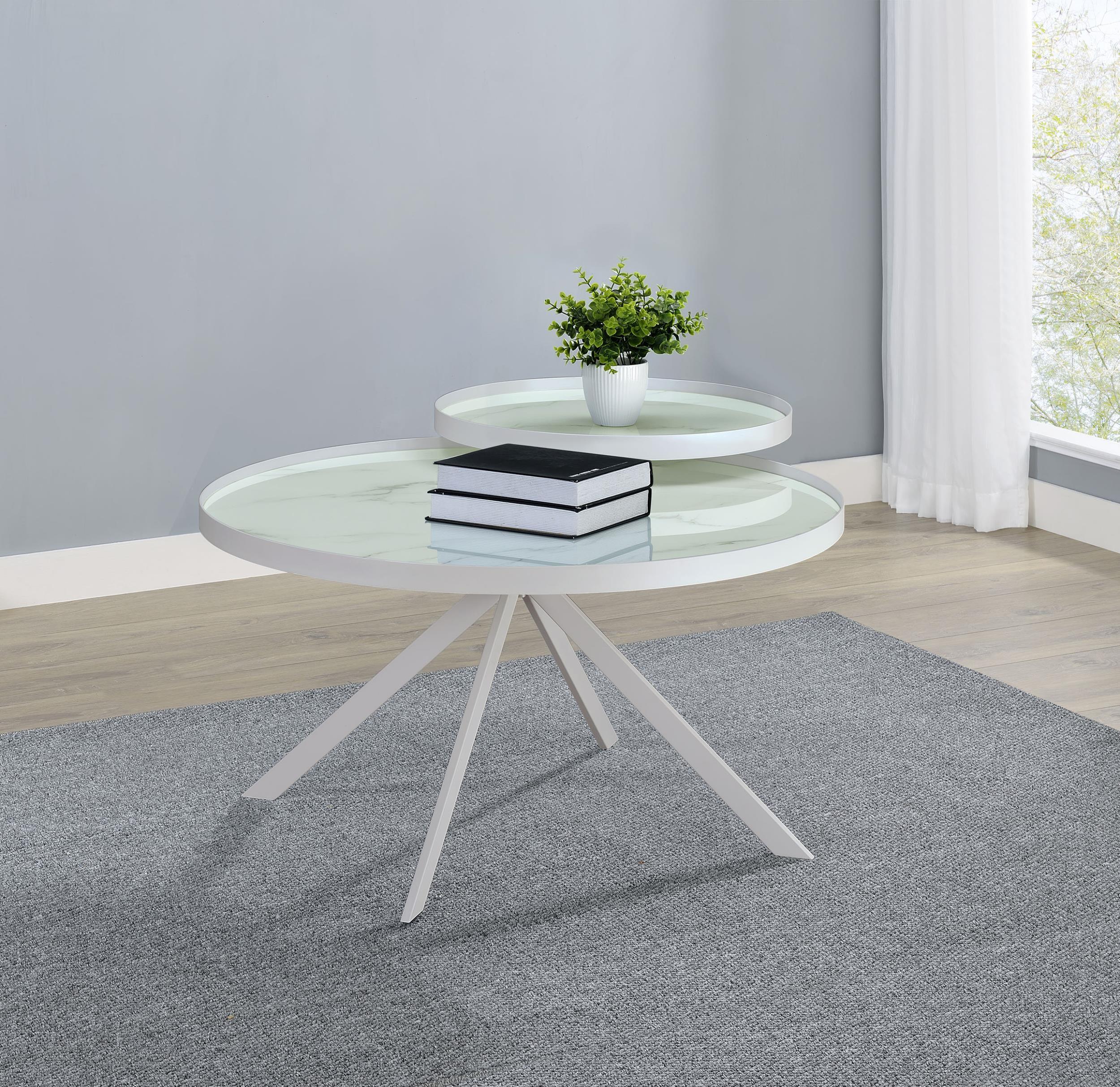 Briggs Round Marble Printed Glass Top Coffee Table White - Image 3