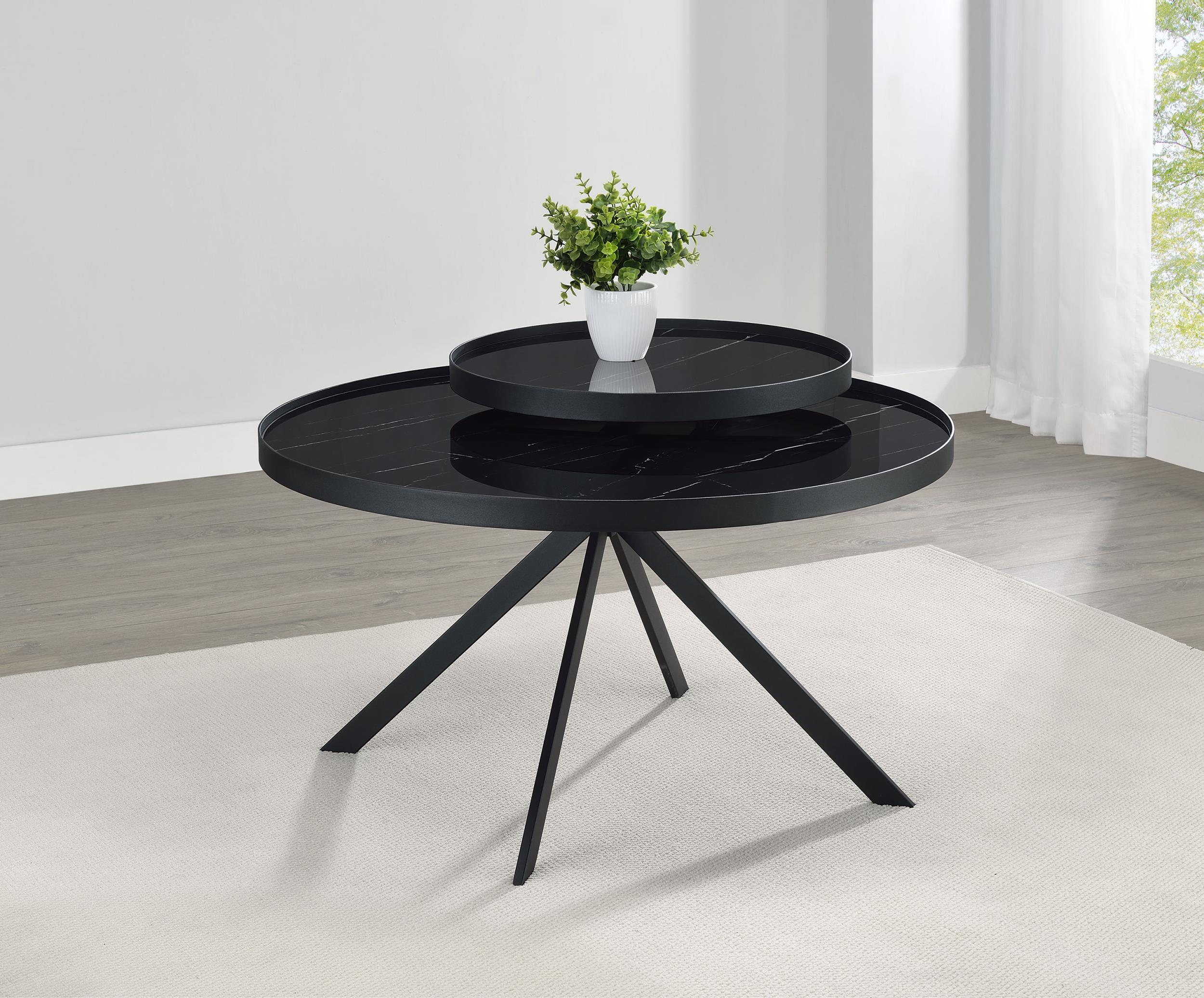 Briggs Round Marble Printed Glass Top Coffee Table Black - Image 2