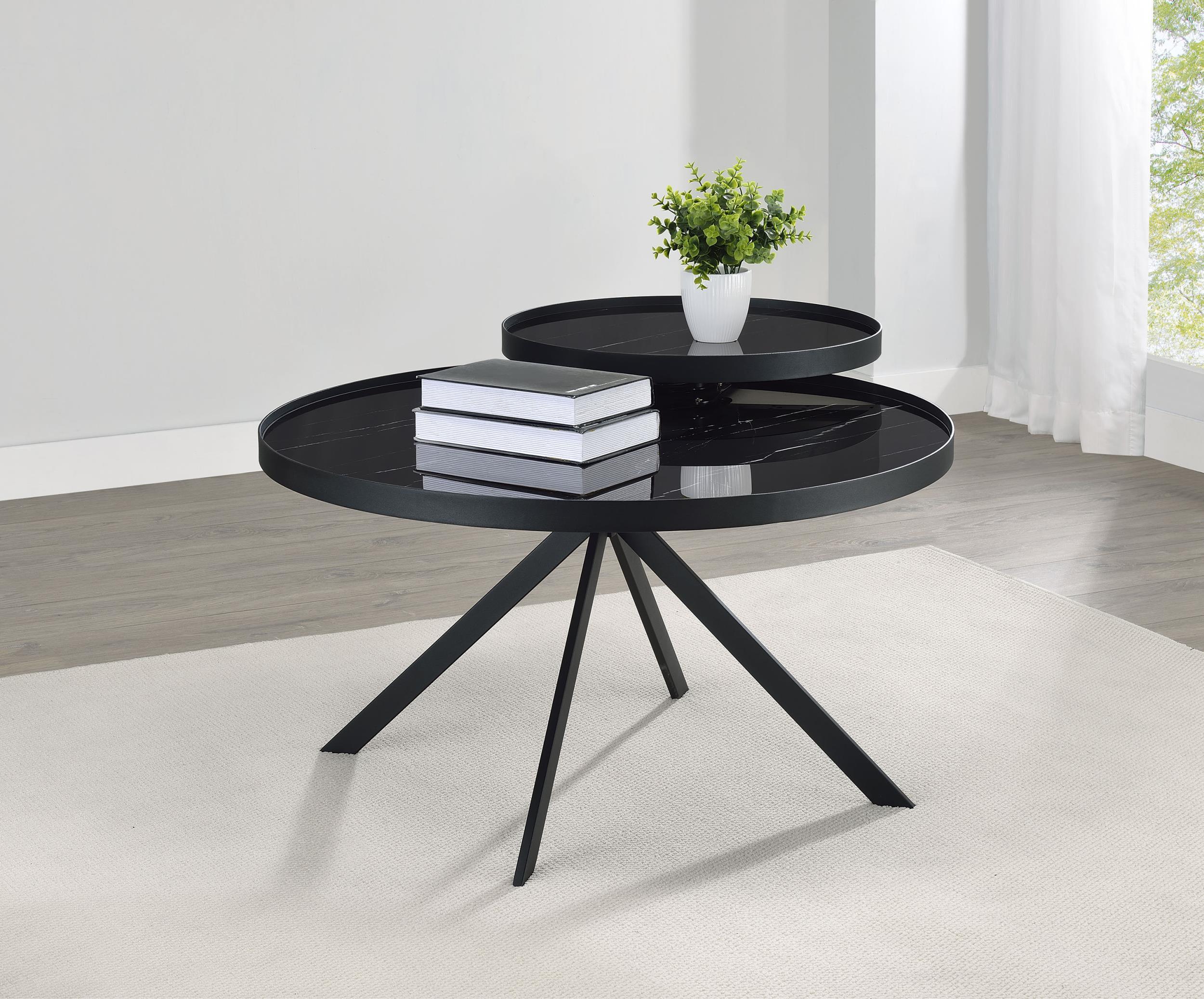 Briggs Round Marble Printed Glass Top Coffee Table Black - Image 3