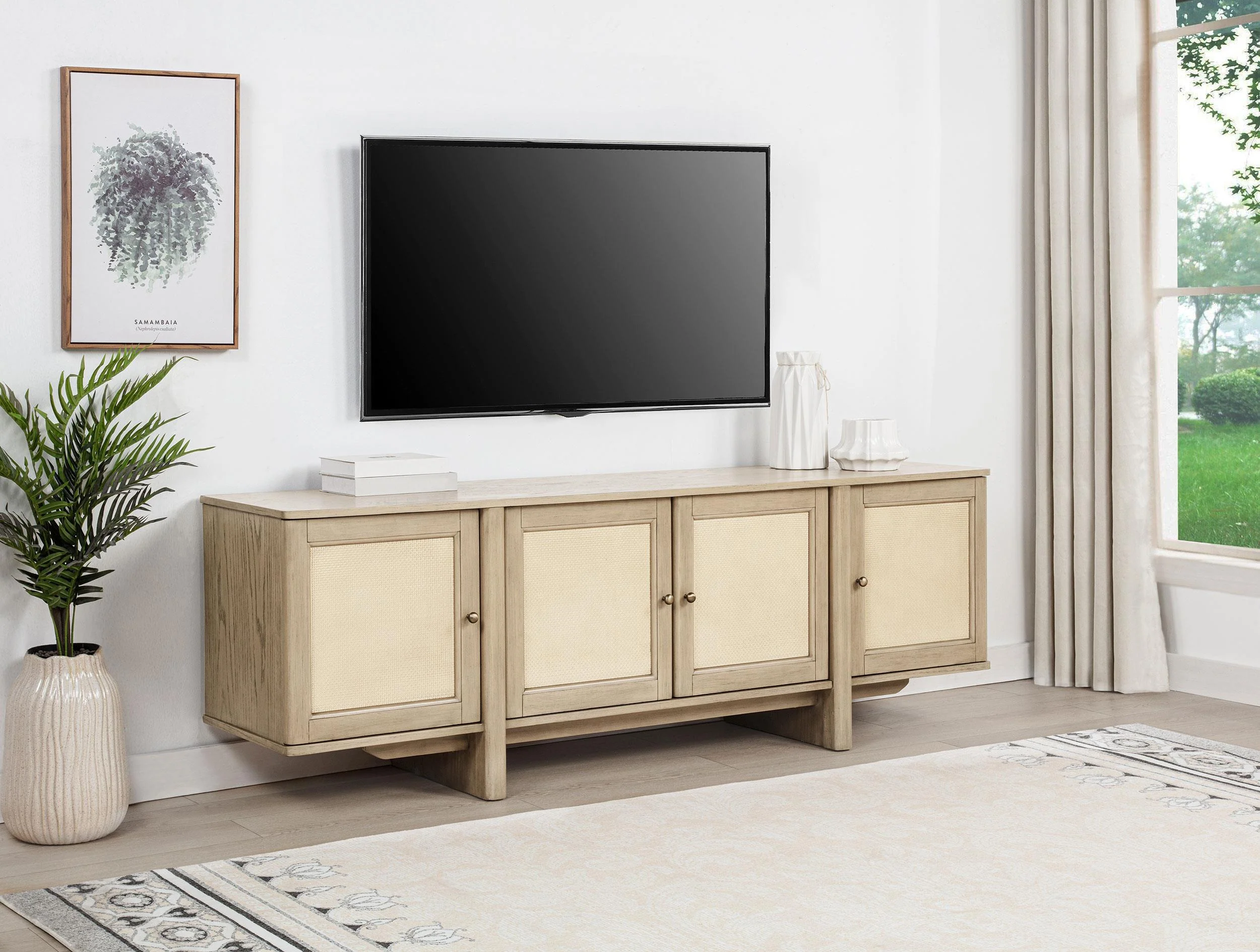 Kailani 79-inch 4-door Cane TV Stand Media Console Beige Oak - Image 2