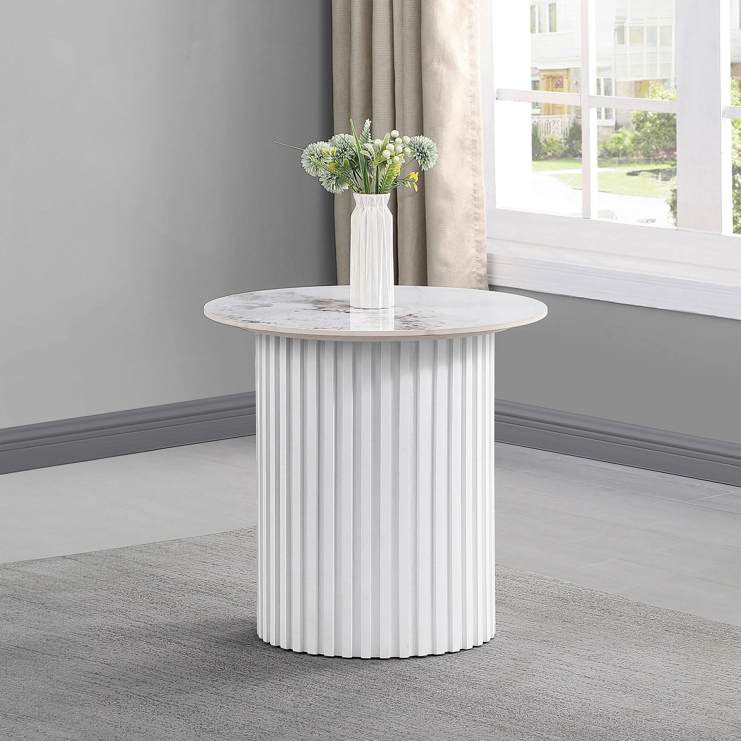 Rowena Round Sintered Stone End Table White Faux Marble - Image 2