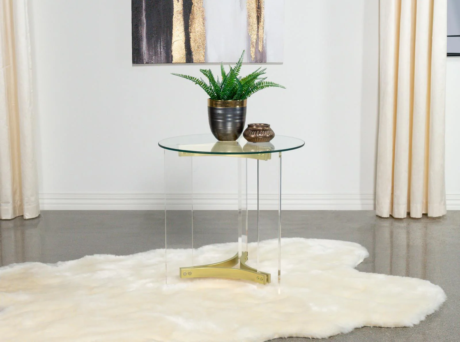 Janessa Round Glass Top Acrylic Leg End Table Matte Brass - Image 2