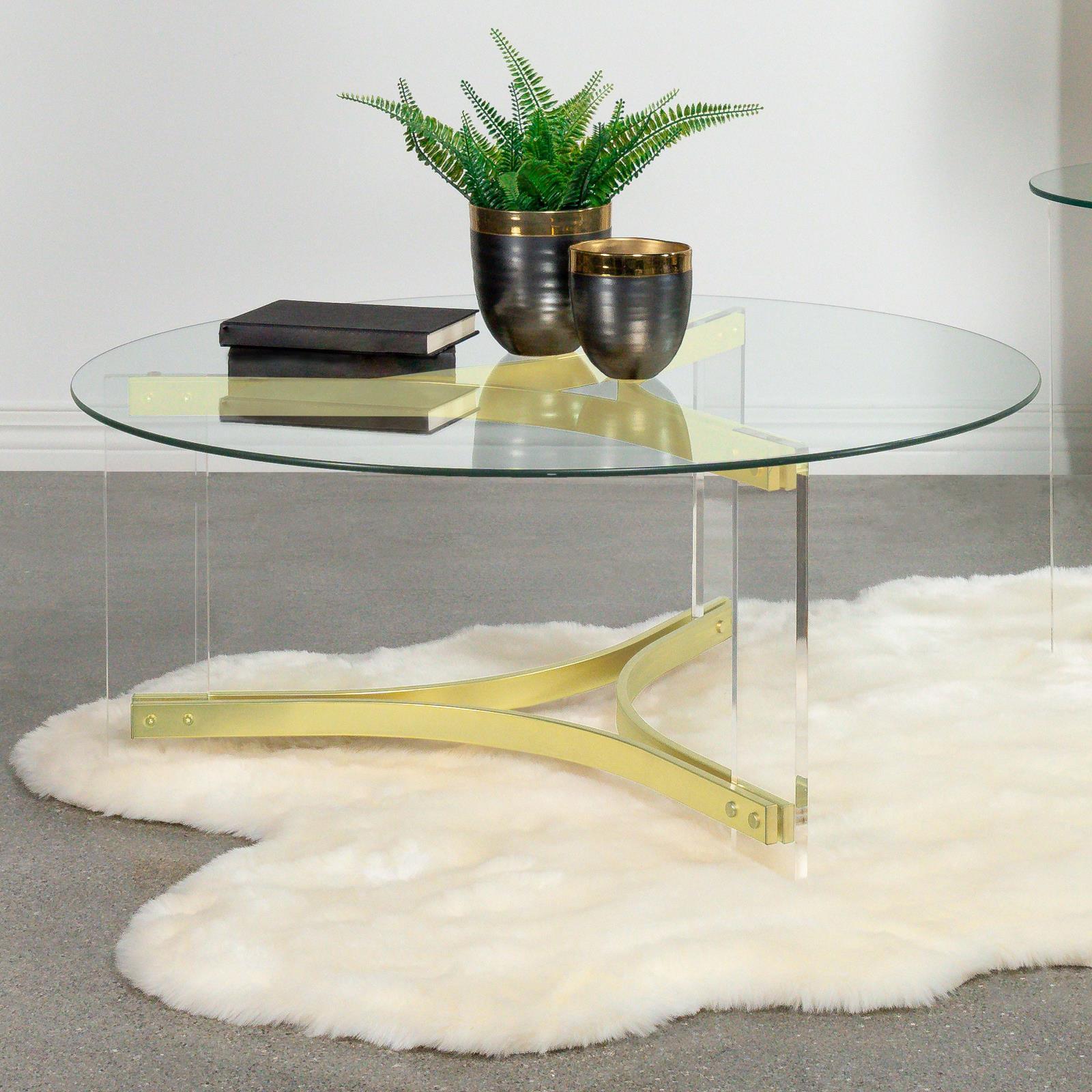 Janessa Round Glass Top Acrylic Leg Coffee Table Matte Brass - Image 2