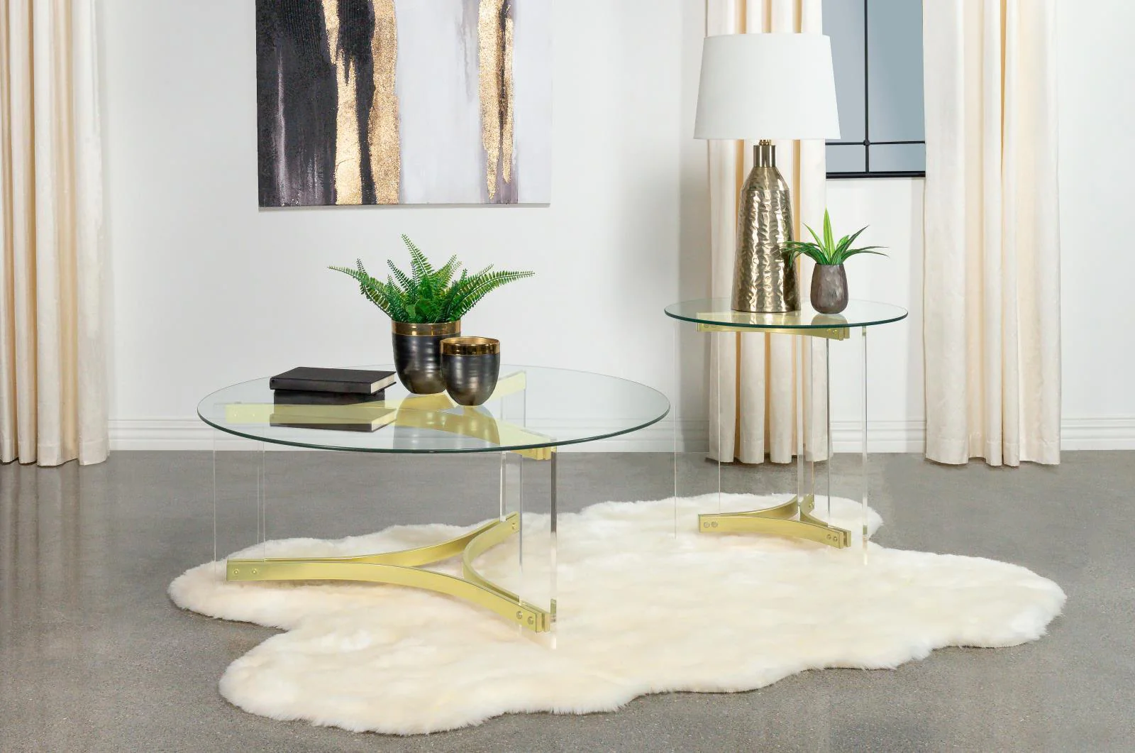 Janessa Round Glass Top Acrylic Leg Coffee Table Matte Brass - Image 1